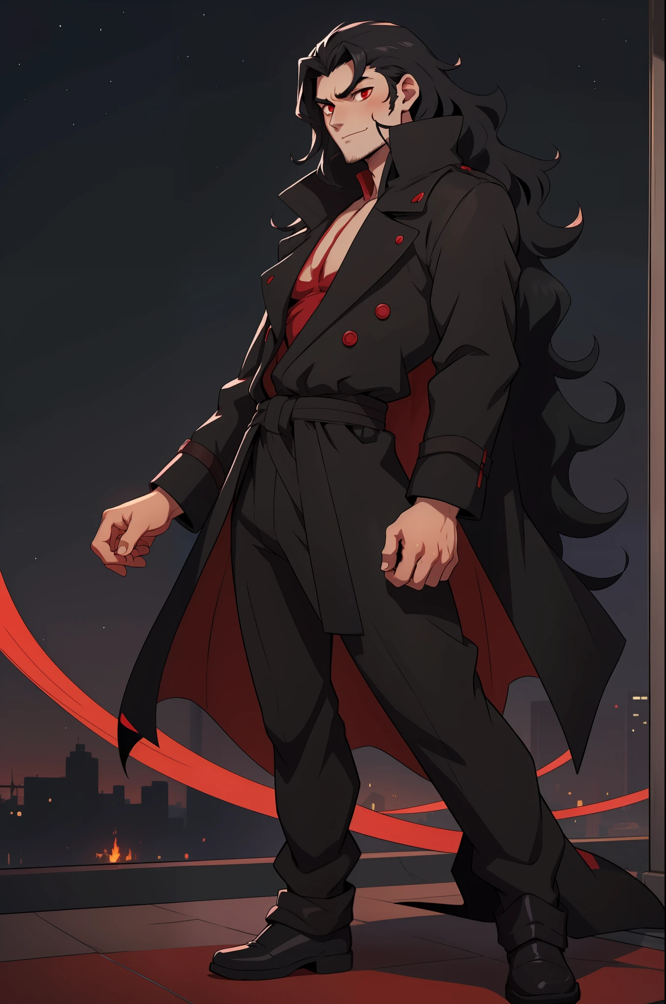 Anime male, man dude, Long black hair that's messy and wavy loose, show like, MAn, sir, red eyes, long black coat, full body, hot, sexy, nighttime, vampire