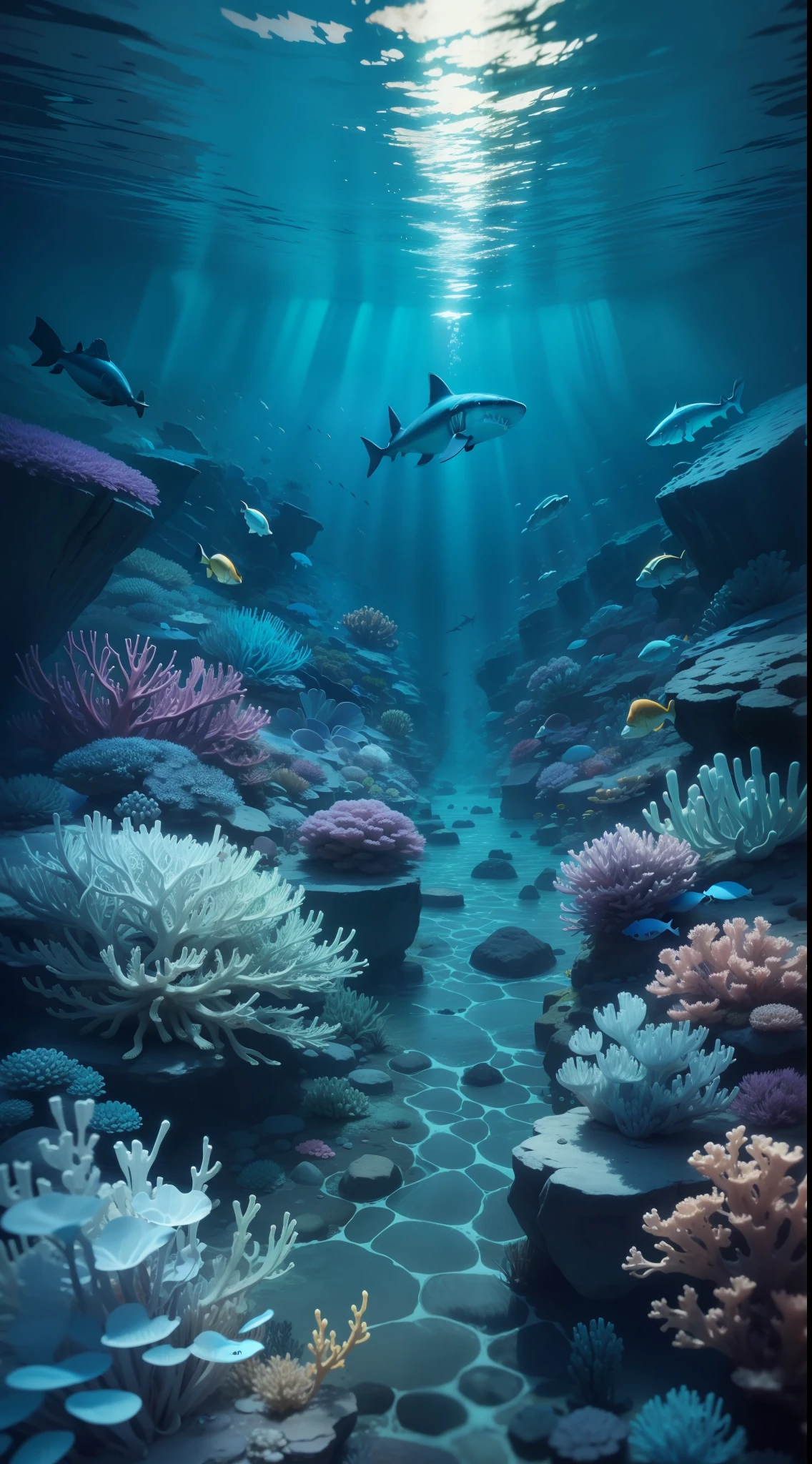 underwater landscape, Deep water, cores azuis, highes definition, Muitos detalhes, peixes coloridos, corais, A shark