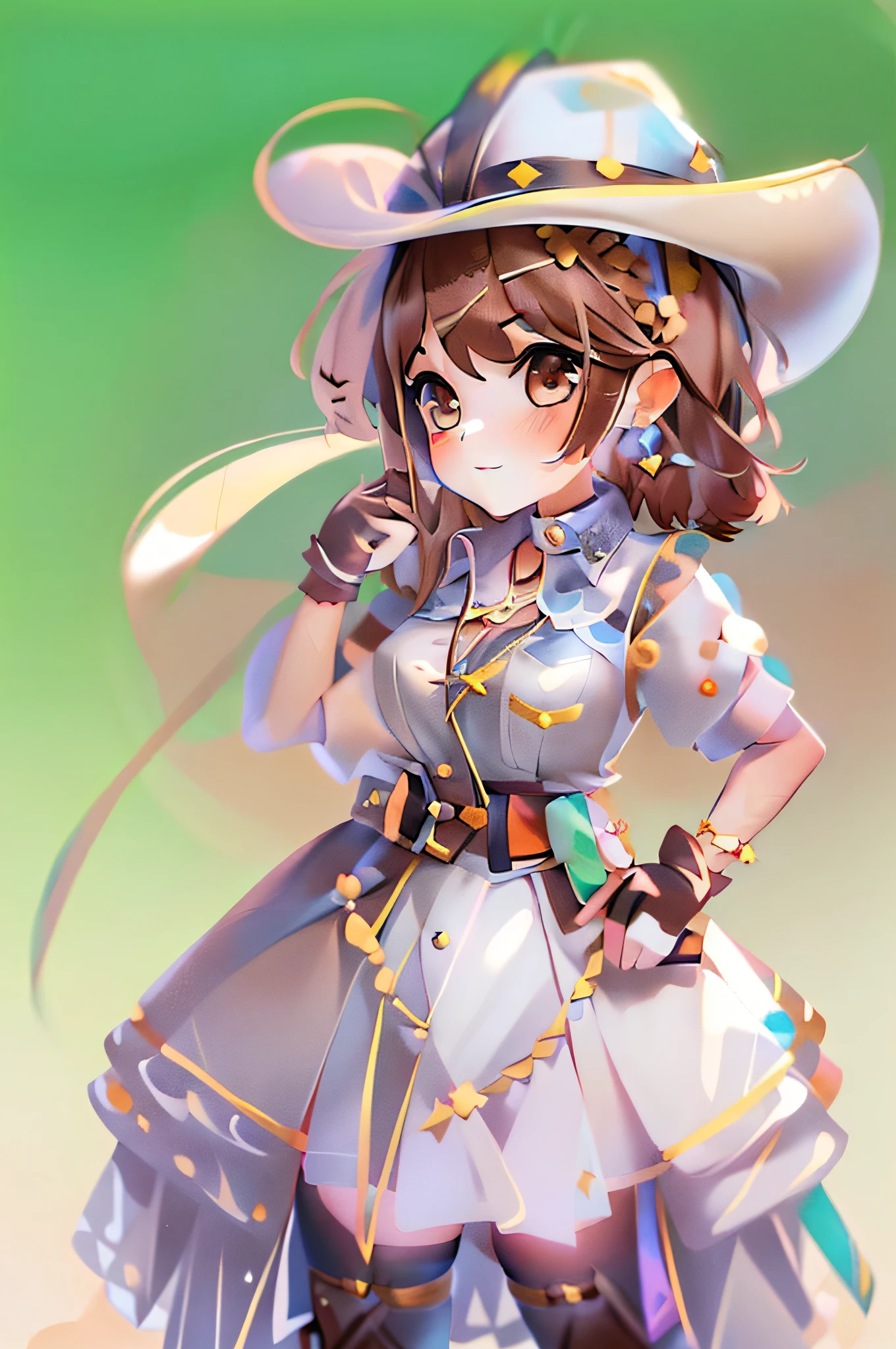 1girl, masterpiece, best quality, chibi, looking at viewer, cowboy shot, reisalin,  standing,brown hair, brown eyes, solo, hairclip, earrings, jewelry, short_hair, white_headwear, hat, hair_ornament, brown_gloves, necklace, x hair ornament, braid,