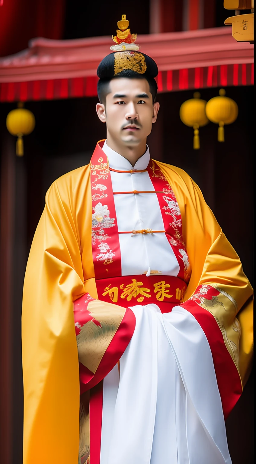 Masterpiece, Highest quality, (solofocus),, (High detail: 1.1),dojo，Red and yellow robes，The male， Man, chinese crown, 1人,and white hair,超高分辨率 , Detailed background, realisticlying, wearing a detailed and intricate xianxia antique outfit