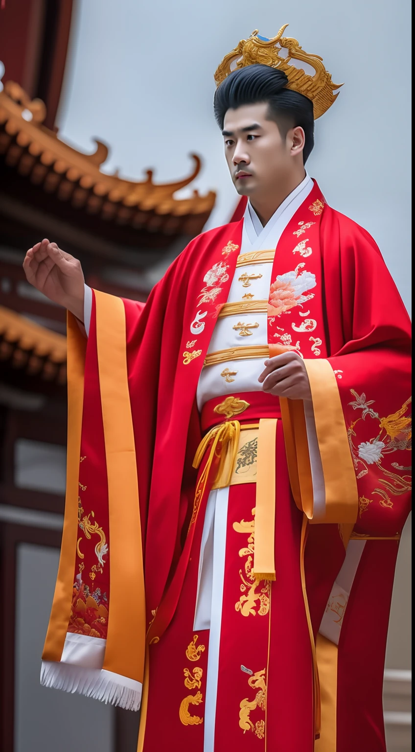 Masterpiece, Highest quality, (solofocus),, (High detail: 1.1),dojo,Red and yellow robes,The male, Man, chinese crown, 1人,and white hair,超高分辨率 , Detailed background, realisticlying, wearing a detailed and intricate xianxia antique outfit
