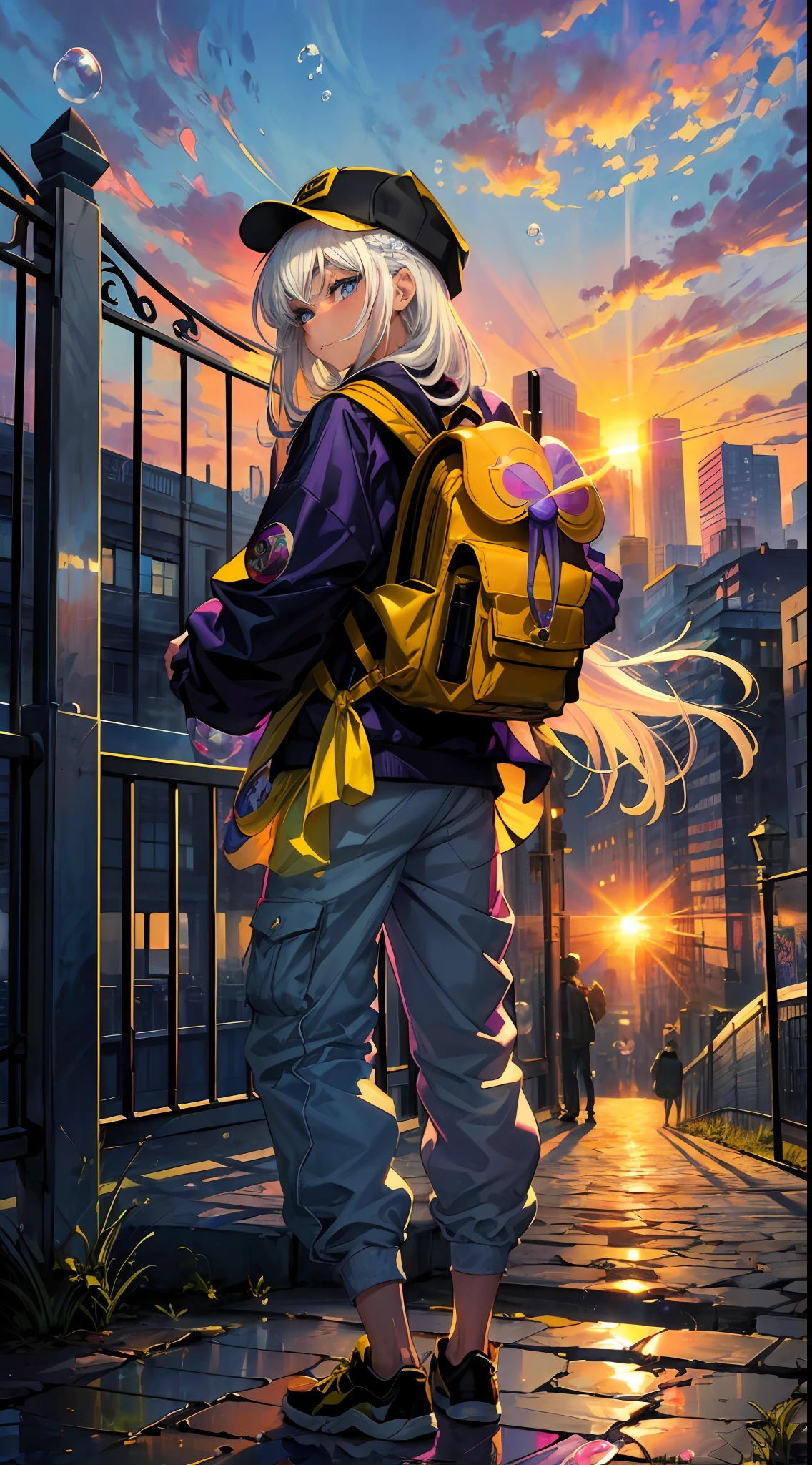 (Masterpiece), (Best Quality), (Extra Detail: 1.4), (Long white Hair), (blue Eyes), (Bubble Gum), (Hip Hop Style), Purple Hat, long pants (Carrying Yellow Backpack),standing close up Iron Fence,  One Hand Hanging Between Your Feet, the Other on Your Cheek, and the Sun Rising from Behind, city background, psychedelic art