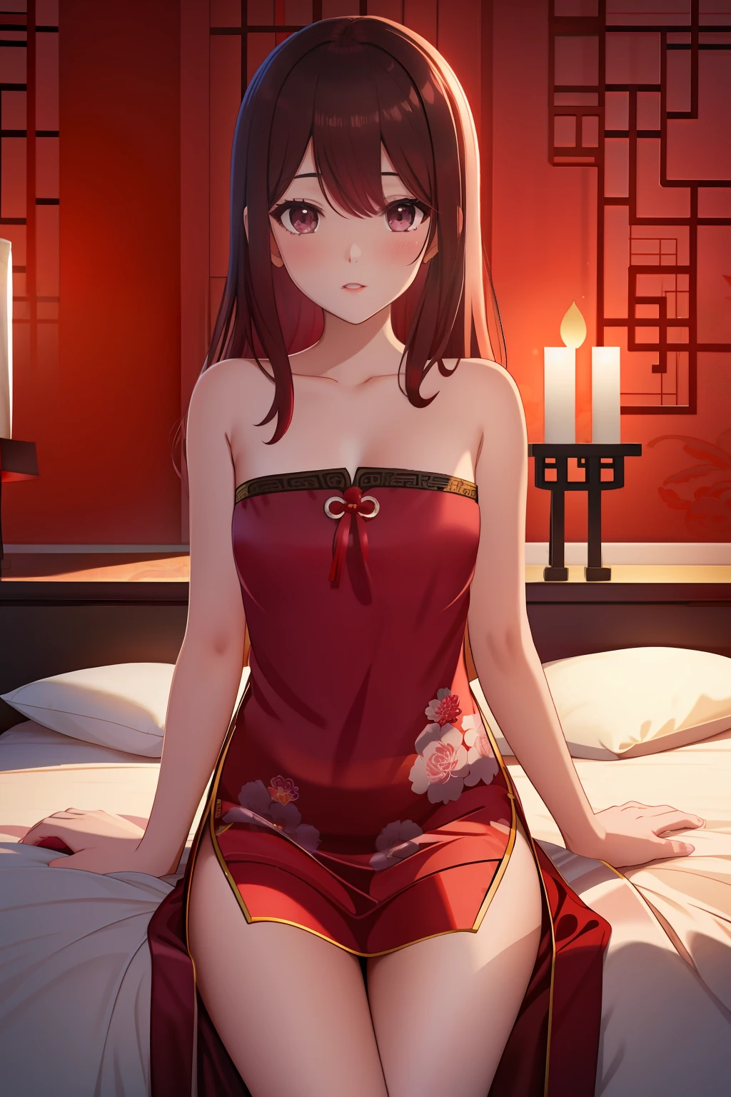 Pubic area is clear，4k wallpaper，HighestQuali，1 teenage girl，brunette color hair，Black eyes，Burgundy silk nightdress（Peony flower pattern），Reallightandshadow，Warm lighting，Chinese style bedroom，Traditional red silk bedding