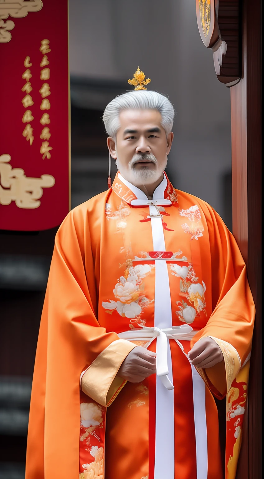 Masterpiece, Highest quality, (solofocus),, (High detail: 1.1),dojo，Red and yellow robes，The male， Man, chinese crown, 1人,and white hair,超高分辨率 , Detailed background, realisticlying, wearing a detailed and intricate xianxia antique outfit