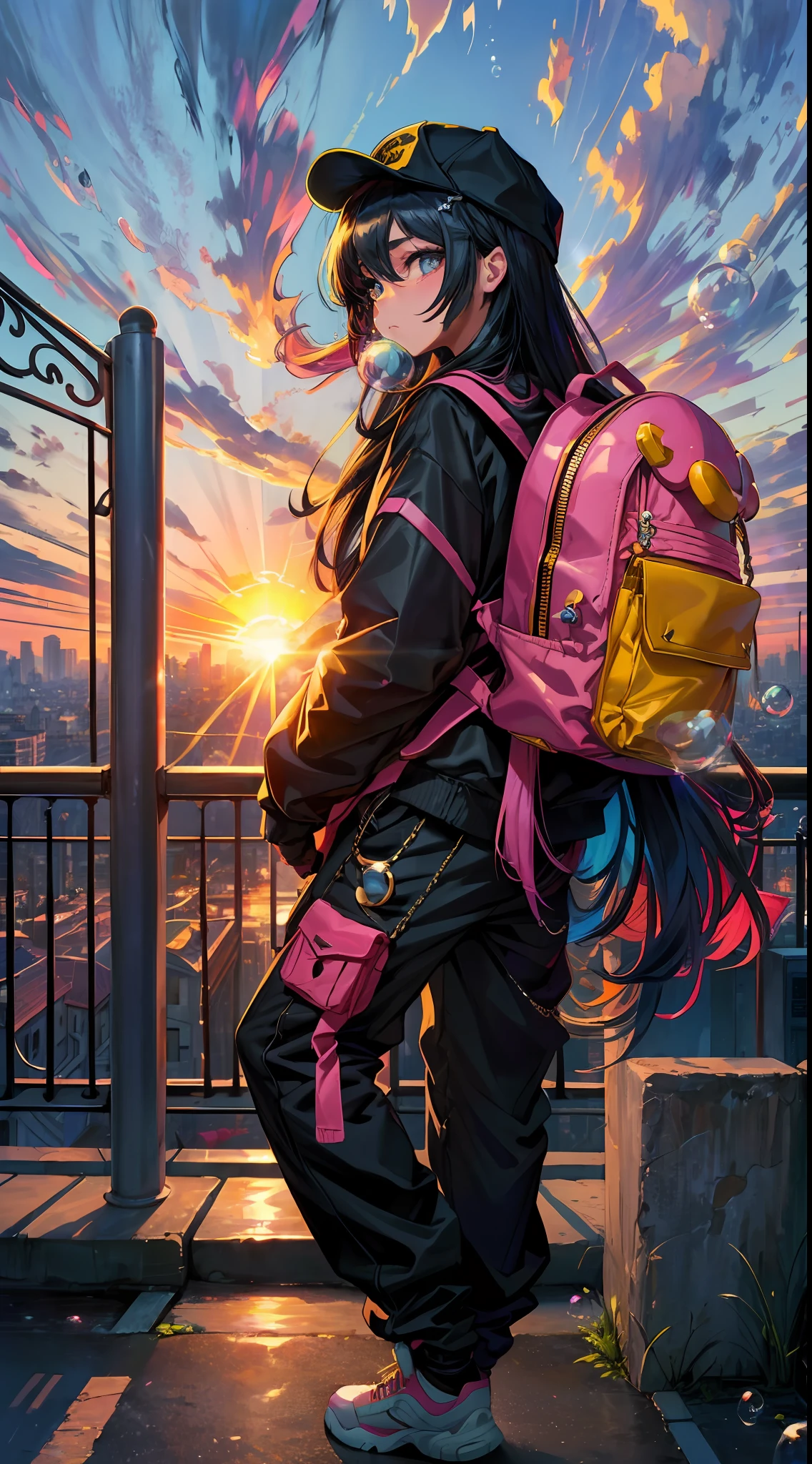 (Masterpiece), (Best Quality), (Extra Detail: 1.4), (Long Hair), ( Eyes), (Bubble Gum), (Hip Hop Style), Hat, long pants (Carrying Backpack), standing close up Iron Fence, One Hand Hanging Between Your Feet, the Other on Your Cheek, and the Sun Rising from Behind, city background, variation colors