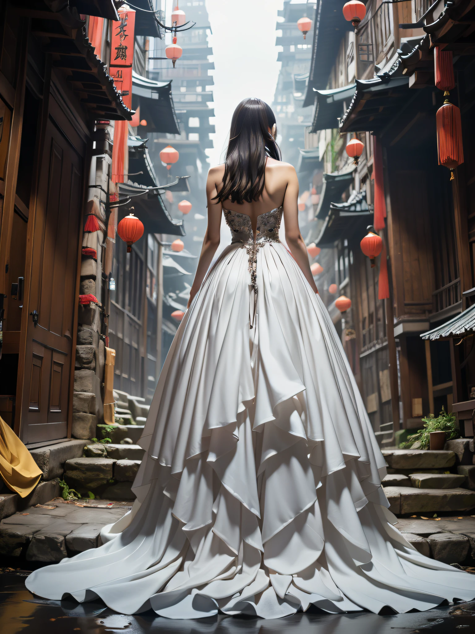 1 haute couture model dressed in exquisite Hanfu,Alexander McQueen, With his back to the camera, Clear facial features,extremely detaile,Stand in a bustling metropolis of futuristic architecture. This was filmed by Andreas Gursky《vogue》Normal proportions of the whole body,The full-body photo blends Chinese tradition with modernity,真实感,Ultra-clear resolution