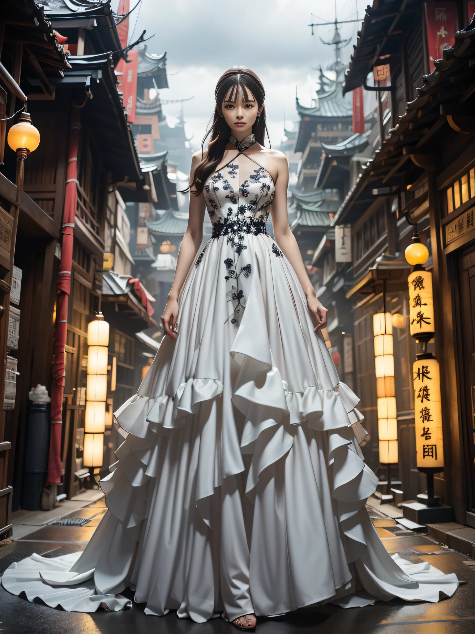 1 haute couture model dressed in exquisite Hanfu，Alexander McQueen, With his back to the camera, Clear facial features，extremely detaile，Stand in a bustling metropolis of futuristic architecture. This was filmed by Andreas Gursky《vogue》Normal proportions of the whole body，The full-body photo blends Chinese tradition with modernity，真实感，Ultra-clear resolution