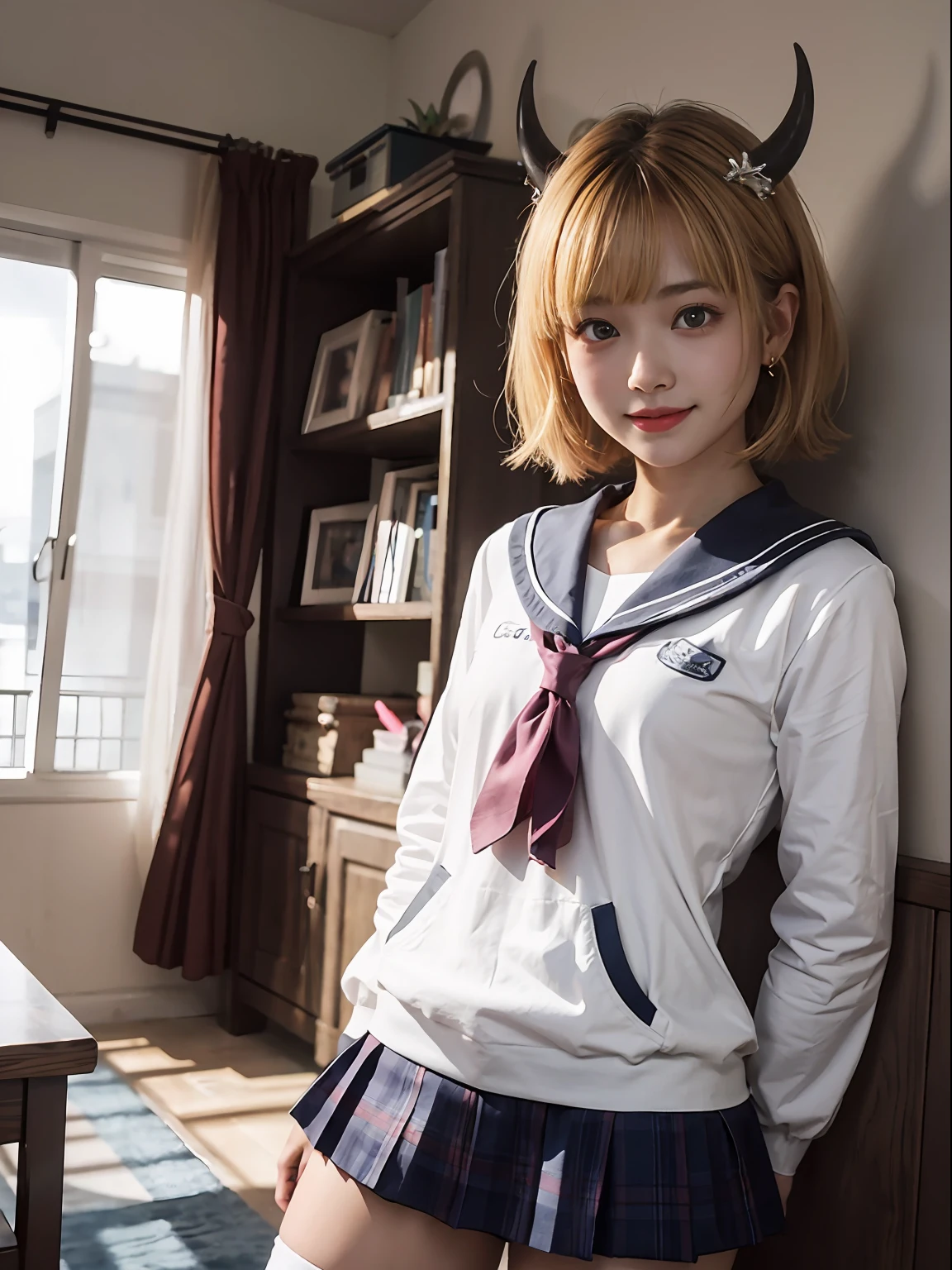 (A hyper-realistic)、(3d)、(CG), (hight resolution)、(8K)、(ighly detailed)、memcho、独奏、one girls、a blond、very small horns、a miniskirt、short-hair、Knitted Knee Socks、校服、a smile、small body、Smaller chest、Constriction、schools、crass room、a sailor suit、a baby face、Young children、15 only、real face、Suppin、pretty pose