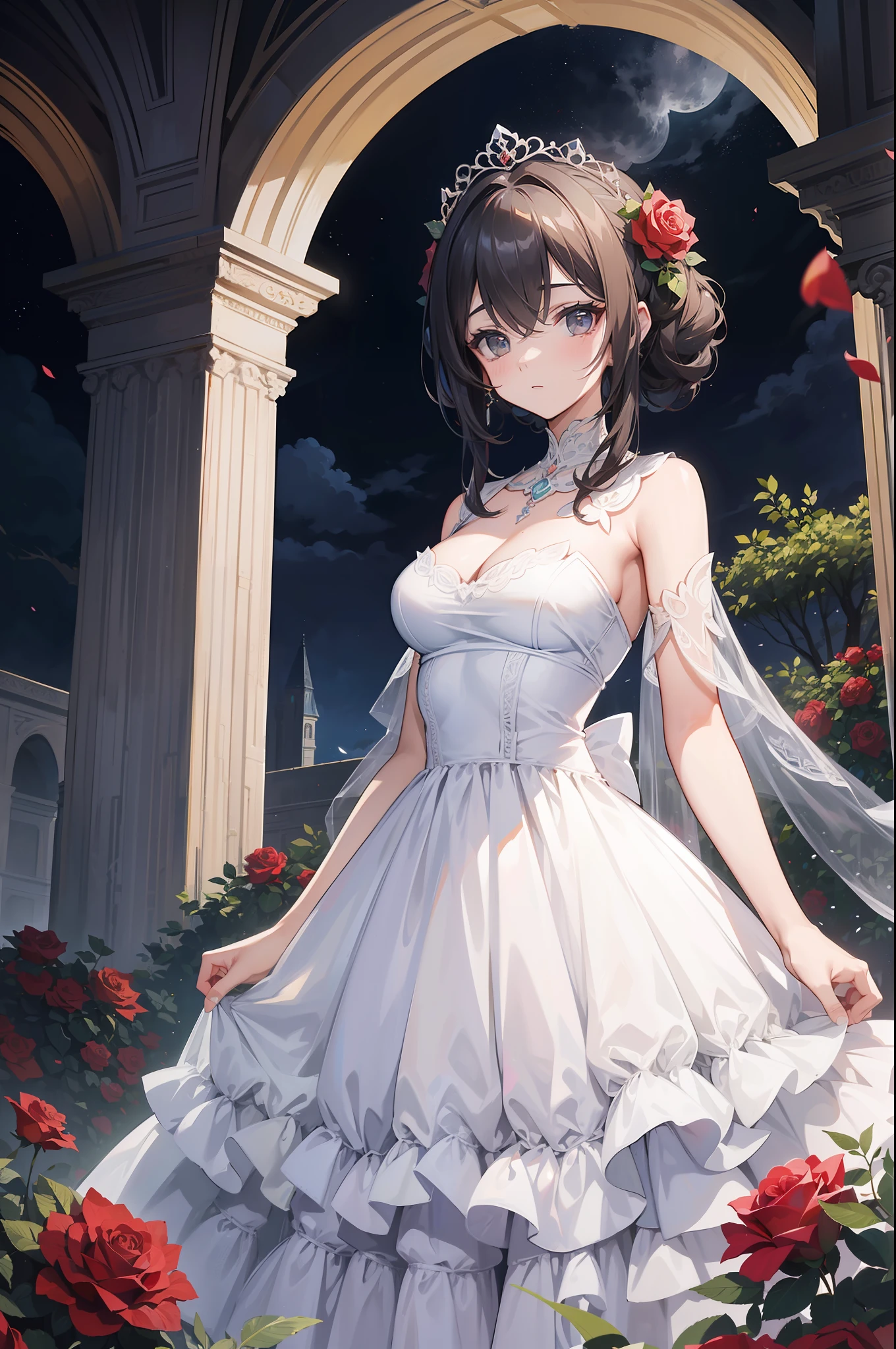 The most beautiful rose bush imaginable and an incredibly elegant young woman, superbly hairstyled, Espectacularmente maquillada y con un vestido deslumbrantemente fabuloso. In a dream garden on a magical night. (obra maestra) (mejor calidad)