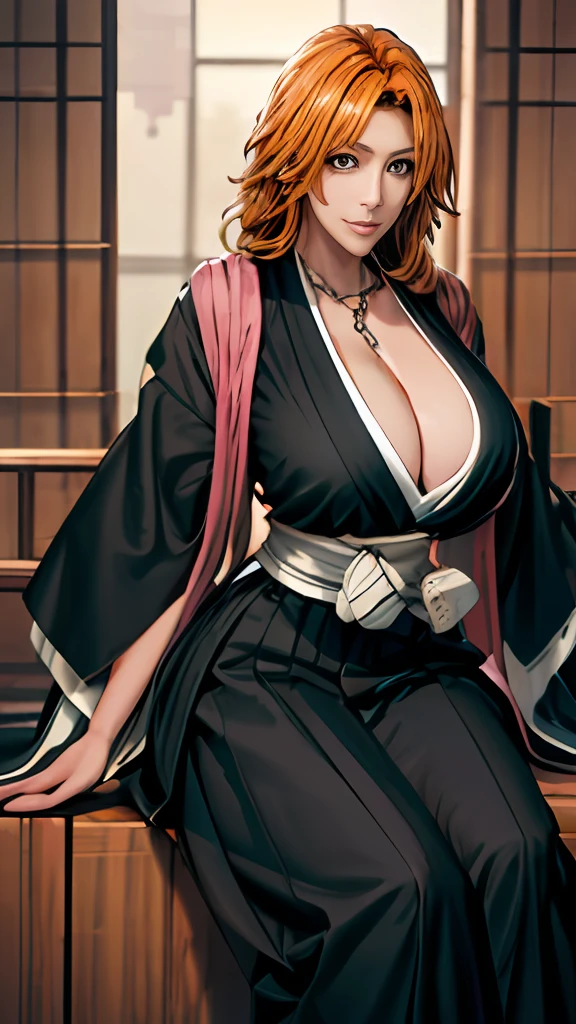 Longiku，tmasterpiece，top-quality，best qualityer，（Gray eye，There is light in the eyes，orange color hair|cabellos largos dorados，Black Japanese clothing，black kimono，silver chains，Pink shawl，Wide black sleeves，white sash，Black baggy pants），（（（super gigantic breasts，sit astride）））， Shuichi Matsumoto，ssmile，