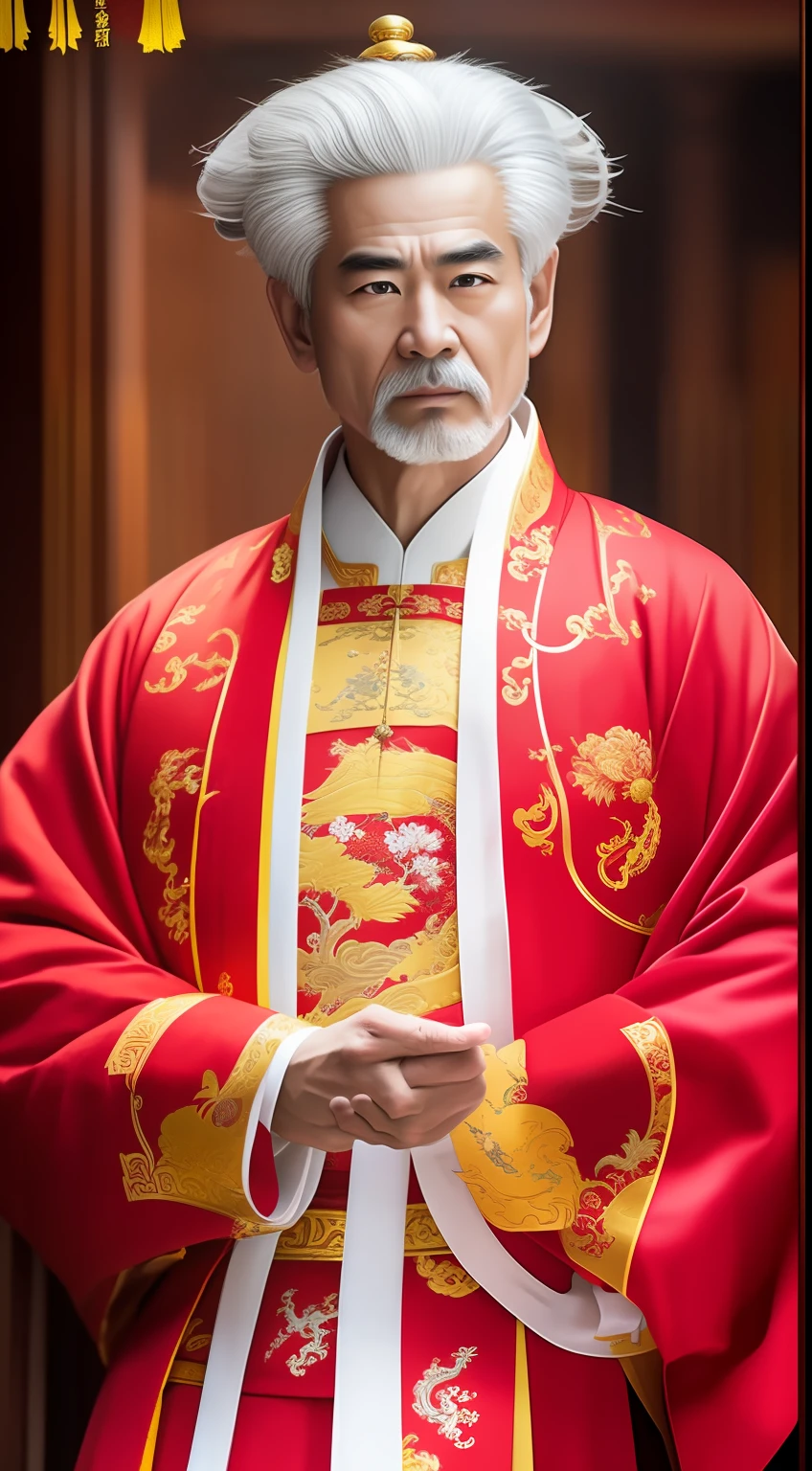 Masterpiece, Highest quality, (solofocus),, (High detail: 1.1),dojo，Red and yellow robes，The male， Man, chinese crown, 1人,and white hair,超高分辨率 , Detailed background, realisticlying, wearing a detailed and intricate xianxia antique outfit