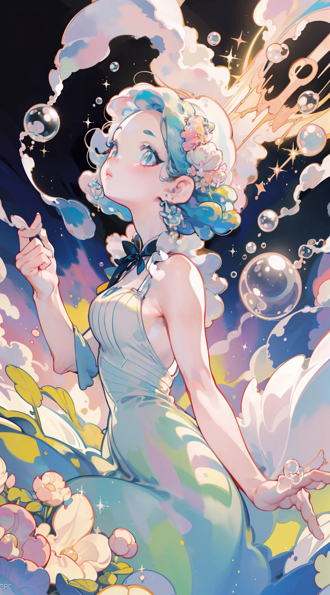 masterpiece, best quality, 8k resolution, sharp focus, intricate detail, beautiful girl, sparkling eyes, golden ratio face, otherworldly liquid, watercolor, ((pastel colors)), bright colors, whimsical, colorful, sharp focus, high resolution, fine detail, ((layered ballgown)), iridescent bubbles