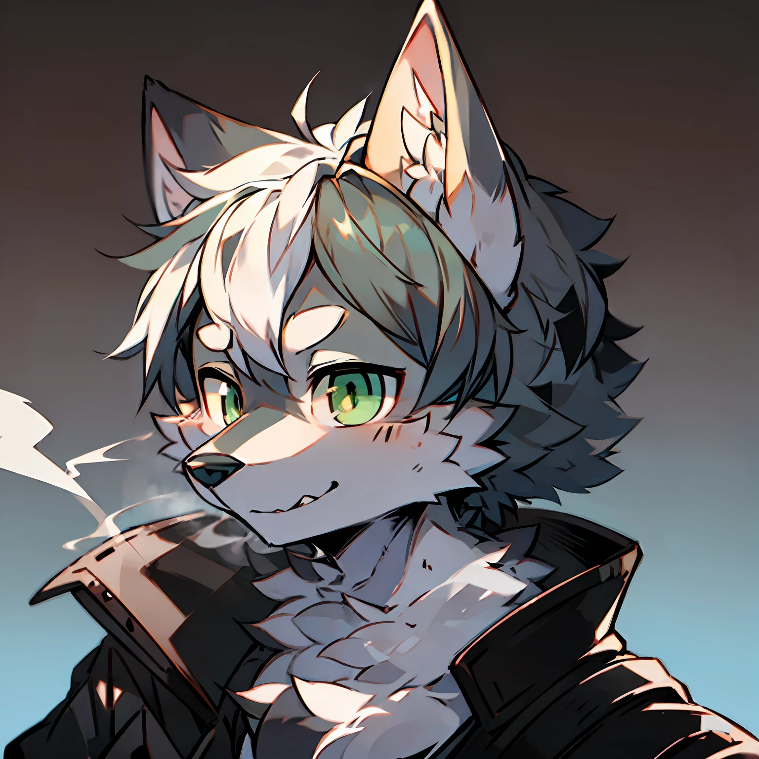 solo person，shaggy male，furry，Wolf dog，canid，Black and white fur，greene eyes，smokeing，detective，The ears are black and white