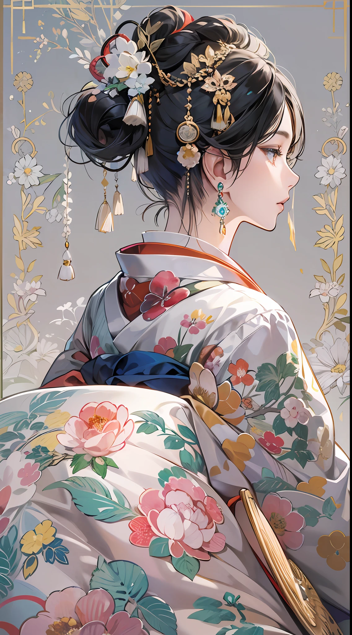 (Masterpiece, Top quality, Best quality, offcial art, Beautiful indulgence: 1.2), (Japanese dress), arms back behind, (Upper body only), (1 girl: 1.3), Japan  Woman, Very detailed, Colorful, best detail ((Super detailed)), (Very detailed 2DCG illustration), (((Very delicate and beautiful)) (Seated), Expressionless, Black hair, kanzashi, Earrings -- --auto