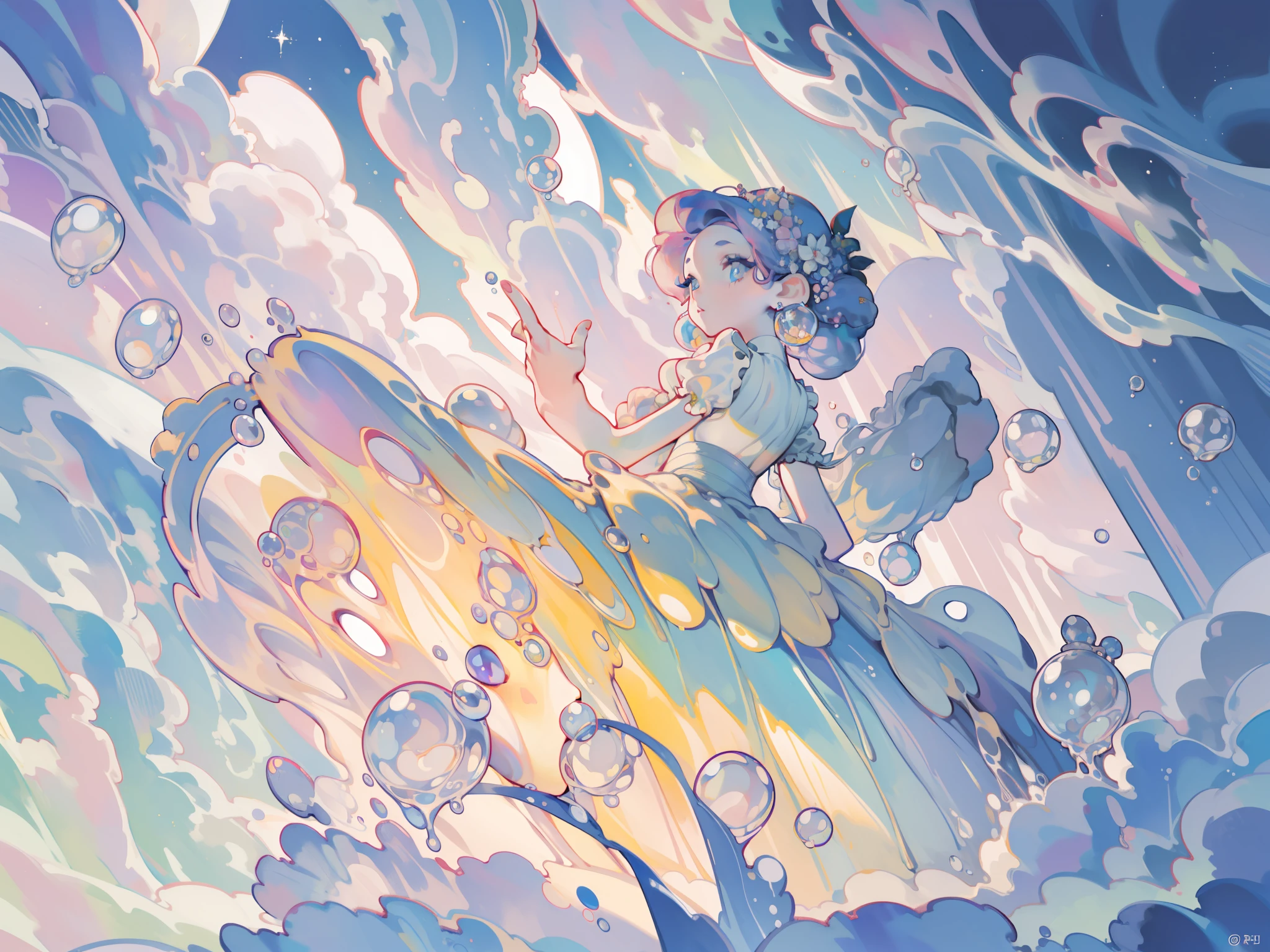 masterpiece, best quality, 8k resolution, sharp focus, intricate detail, beautiful girl, sparkling eyes, golden ratio face, otherworldly liquid, watercolor, ((pastel colors)), bright colors, whimsical, colorful, sharp focus, high resolution, fine detail, ((layered ballgown)), iridescent bubbles