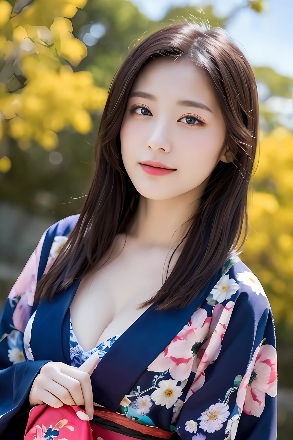 ((Masterpiece, Highest quality, super definition, High definition)), Solo, Beautiful girl, Shining eyes, Perfect eyes, beautiful sister of Japan, Fluffy breasts, cleavage, holding a yukata with a floral pattern, thorn, background fireworks,