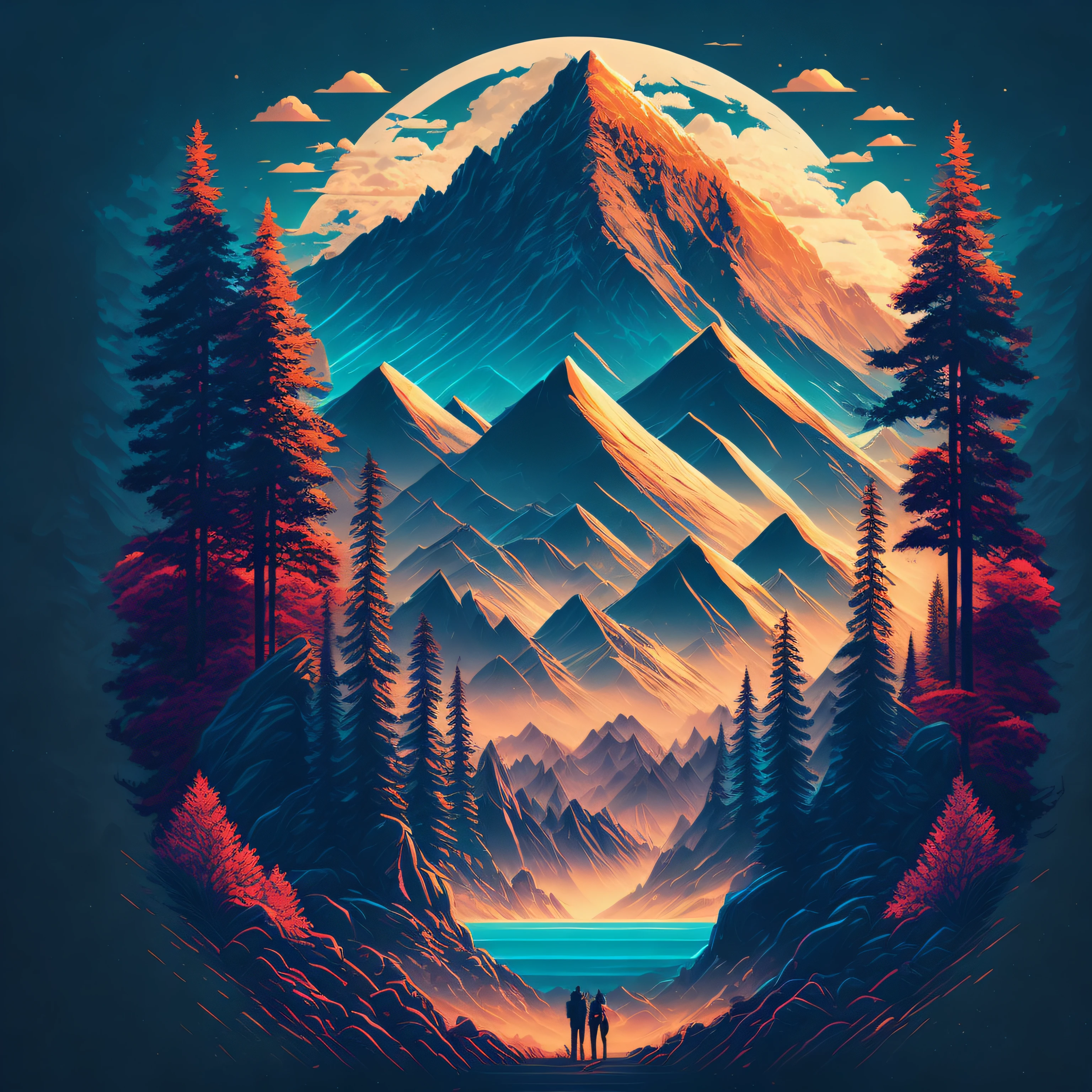 A city in a summer landscape mountains in the background surrounding trees, T-shirt design, midjourney, vector art, hydro74