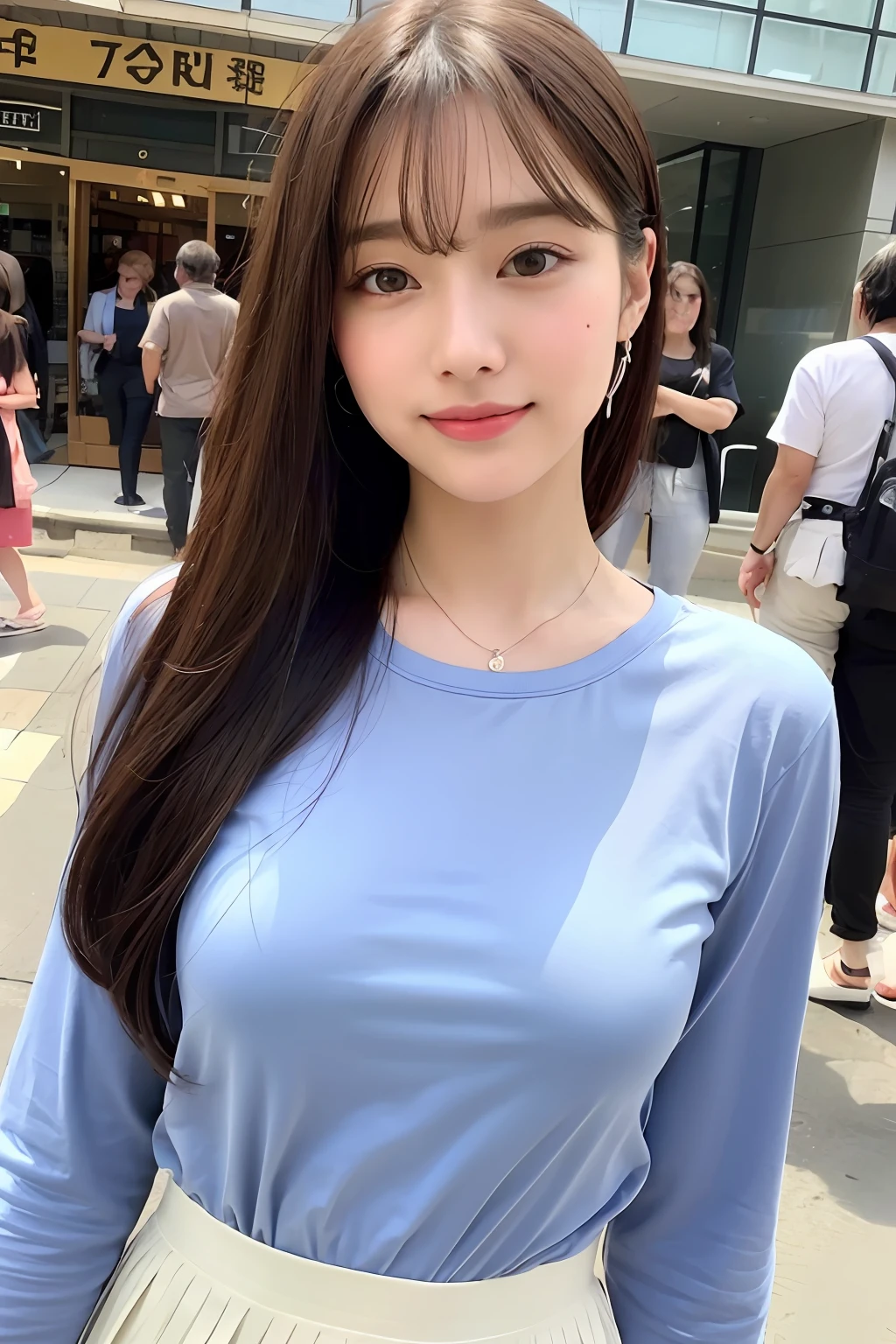 (8K、Raw photography、top-quality、masuter piece:1.2)、ultra-detailliert、ultra res、(realisitic、rialistic photo:1.37)、portlate、high-definition RAW color photography、Professional Photography、highly detailed and beautiful、ighly detailed、8K Picture Wallpaper、amazing detailed、huge filesize、Official art、Highly detailed CG Unity 8K wallpapers、highly detailed beautiful girl、extra detailed face、extremely detailed eye、highlydetailed skin、extremely detailed fingers、highly detailed nose、very detailed detailed mouth、Perfect Anatomy、highly detailed back ground、Highly detailed clothing、女の子 1 人、(18:1.2)、Teen、Cute little girl s、famous korean idol、cute little、Realistic body、小柄、de pele branca、glistning skin、Slim body、Handsome body、brown haired、Semi-long hair、(Blunt bangs:1.2)、Curly hair、A smile、kawaii、zora々Right、kawaii faces、Lifelike face、Delicat eyes、Sauce order、White T-shirt、skirt by the、耳Nipple Ring、Looking at the camera、cowboy shot、front facing、Standing、Contrapo, high street, public,Date Street, 动态照明, small tits,