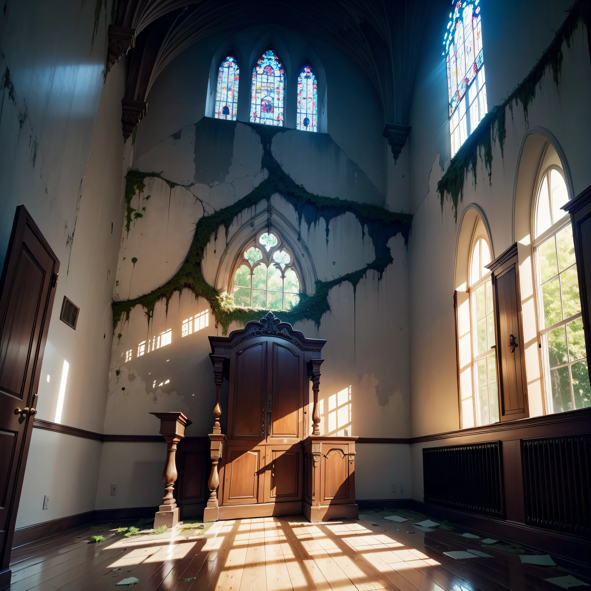 Beautiful gloomy abandoned dilapidated church, colored stained-glass windows, A large cross hangs from the ceiling, The vibrant, A thin beam of sunlight falls on the floor, White walls, Tile