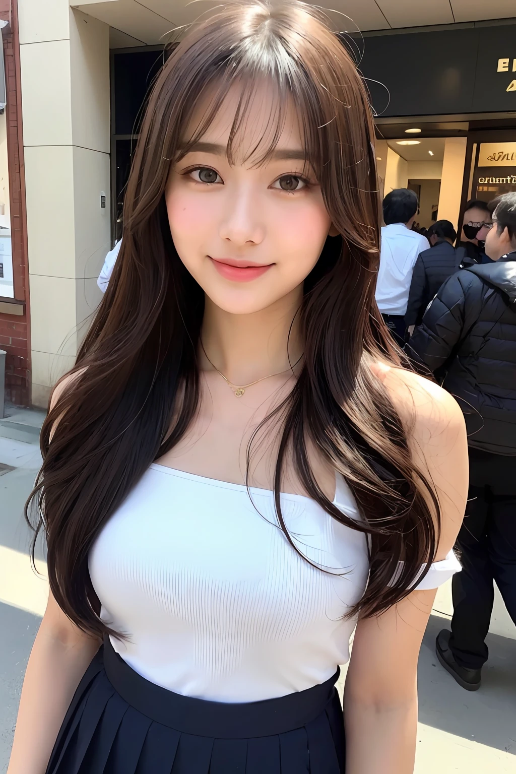 (8K、Raw photography、top-quality、masuter piece:1.2)、ultra-detailliert、ultra res、(realisitic、rialistic photo:1.37)、portlate、high-definition RAW color photography、Professional Photography、highly detailed and beautiful、ighly detailed、8K Picture Wallpaper、amazing detailed、huge filesize、Official art、Highly detailed CG Unity 8K wallpapers、highly detailed beautiful girl、extra detailed face、extremely detailed eye、highlydetailed skin、extremely detailed fingers、highly detailed nose、very detailed detailed mouth、Perfect Anatomy、highly detailed back ground、Highly detailed clothing、 1 人、(18:1.2)、Teete little us korean idol、cute little、Realistic body、小柄、de pele branca、glistning skin、Slim body、Handsome body、brown haired、Semi-long hair、(Blunt bangs:1.2)、Curly hair、A smile、kawaii、zora々Right、kawaii faces、Lifelike face、Delicat eyes、Sauce order、White T-shirt、skirt by the、耳Nipple Ring、Looking at the camera、cowboy shot、front facing、Standing、Contrapo, high street, public,Date Street, 动态照明, small tits,