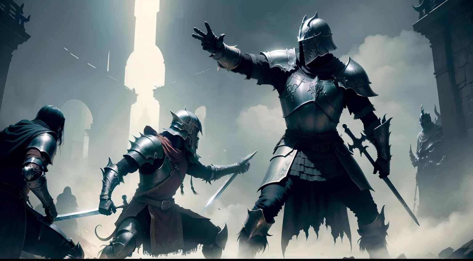 dark souls, fantasy, dark fantasy, one warrior fights with sword in hand against many big monsters, combat stance, epic pose, encounter, hopeless battle