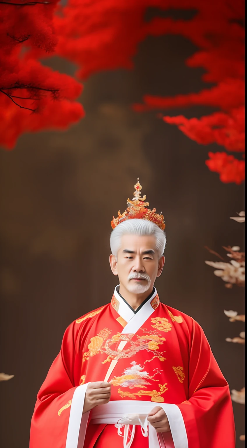 Masterpiece, Highest quality, (solofocus),, (High detail: 1.1),dojo,Red and yellow robes,The male, Man, chinese crown, 1人,and white hair,超高分辨率 , Detailed background, realisticlying, wearing a detailed and intricate xianxia antique outfit