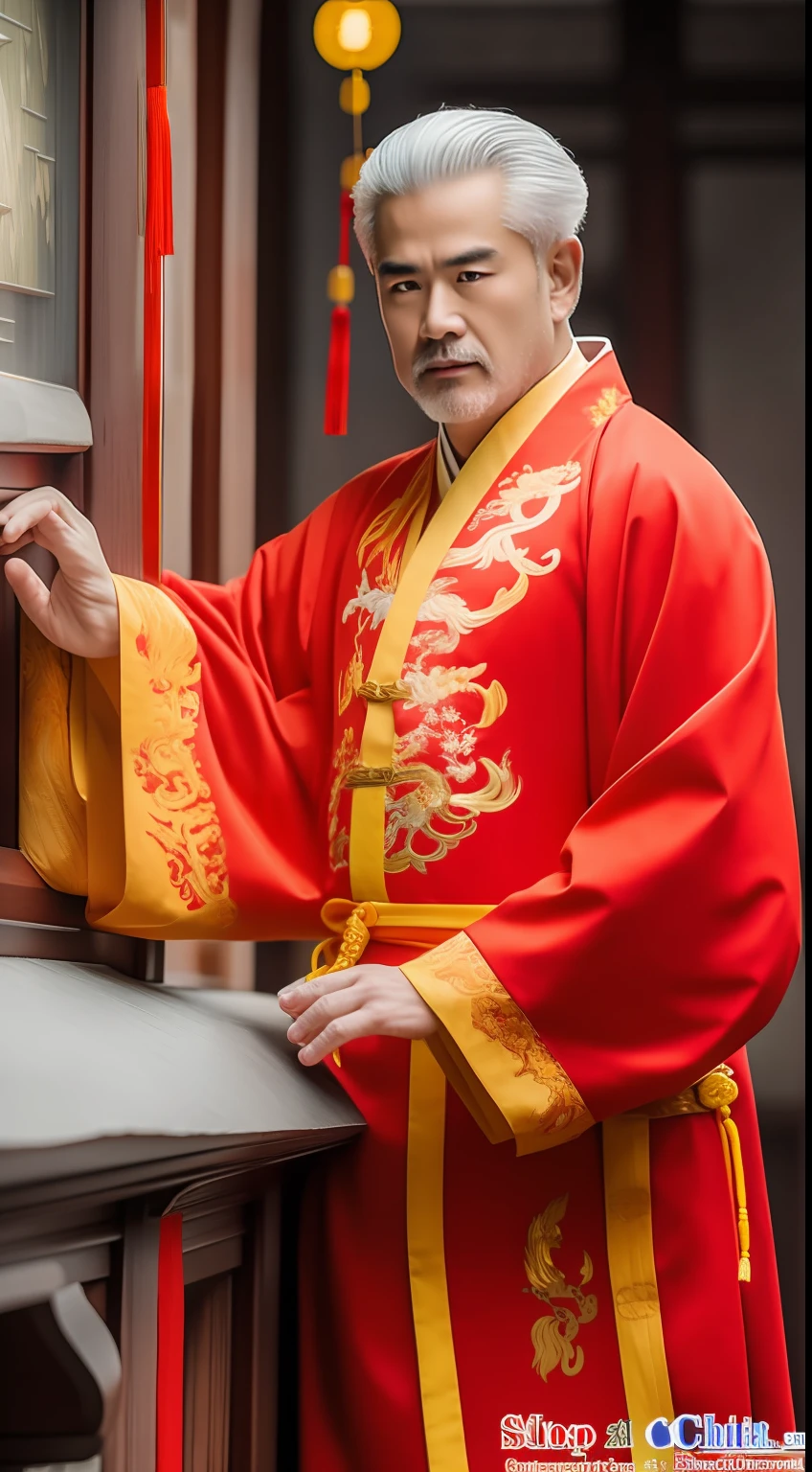 Masterpiece, Highest quality, (solofocus),, (High detail: 1.1),dojo,Red and yellow robes,The male, Man, chinese crown, 1人,and white hair,超高分辨率 , Detailed background, realisticlying, wearing a detailed and intricate xianxia antique outfit