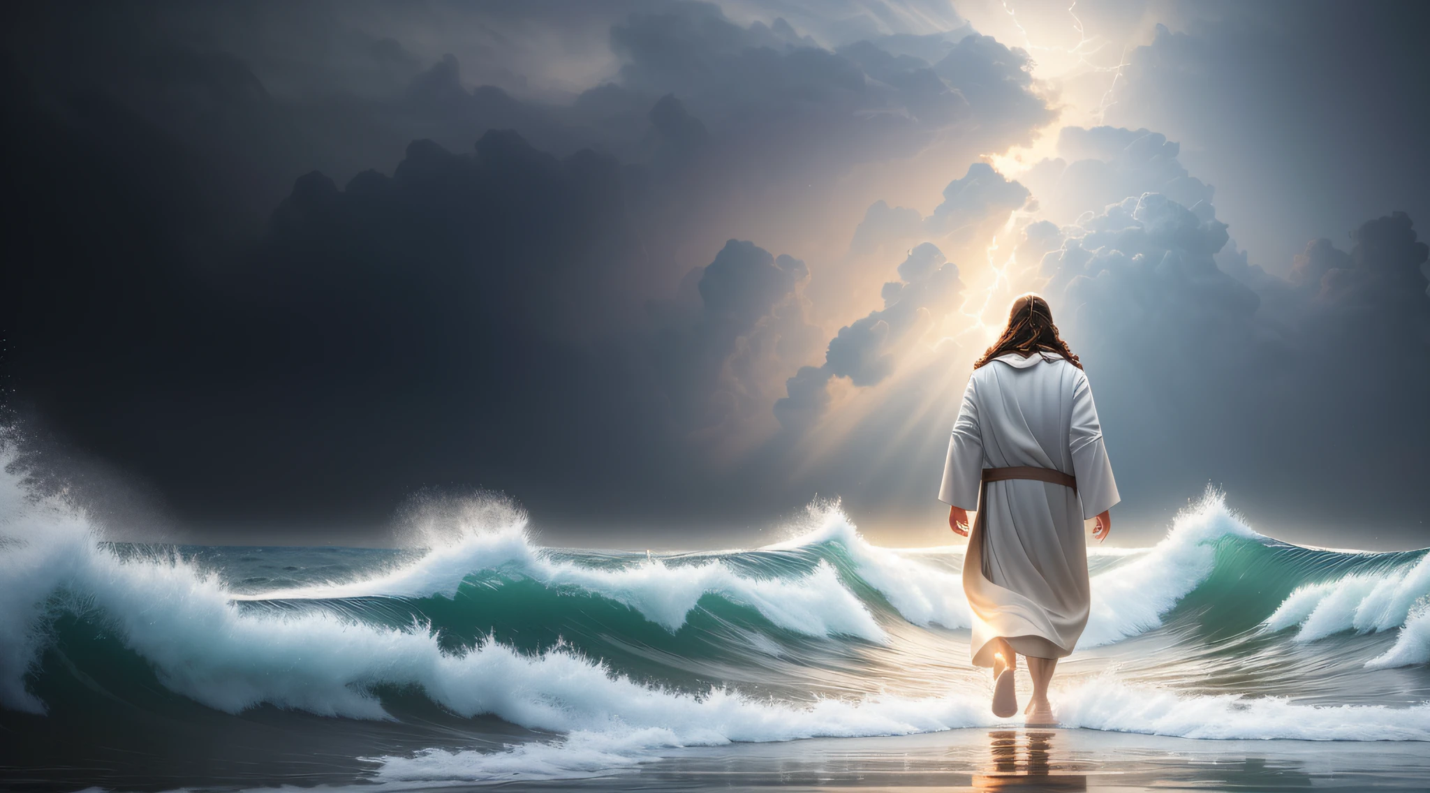 jesus walking on water in a storm, masterpiece, best quality, high quality, extremely detailed CG unit 8k wallpaper, award winning photography, Bokeh, Depth of Field, HDR, bloom, Chromatic aberration, photorealistic, extremely detailed, trending on artstation, trending on CGsociety, intricate, high detail, dramatic, mid-journey art, volumetric lighting