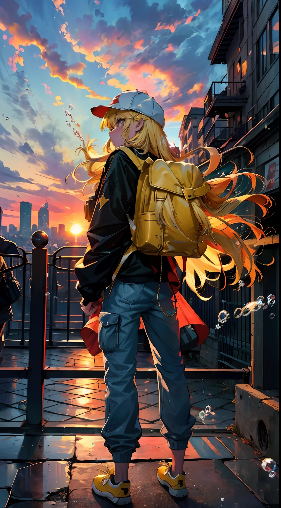 (Masterpiece), (Best Quality), (Extra Detail: 1.4), (Long yellow Hair), ( Eyes), (Bubble Gum), (Hip Hop red white Style), Hat, long pants (Carrying Backpack), standing close up Iron Fence, One Hand Hanging Between Your Feet, the Other on Your Cheek, and the Sun Rising from Behind, city background, variation colors