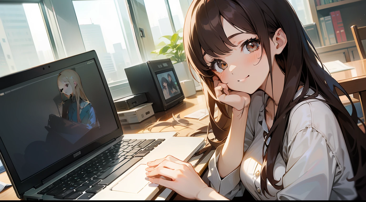 (beautiful eyes finely detailed、Face to detail、masterpiece sidelighting、masterpiece、top-quality、detaileds、High resolution illustration)、((Scene、1 persons)), (jpn、TOKYOcty、modern day、large company、A room in a high-rise building、wide angles、s Office)、,(You are using a laptop、desk work)(Business Casual、skirt by the、adult lady)、(1 persons、adult-like、Female around 25 years old) ,(1girl in,The upper part of the body、from waist up、Esbian,frontage、Beautuful Women,luslous skin、see the beholder、A smile), (Semi-long hair、Brown-eyed、)、