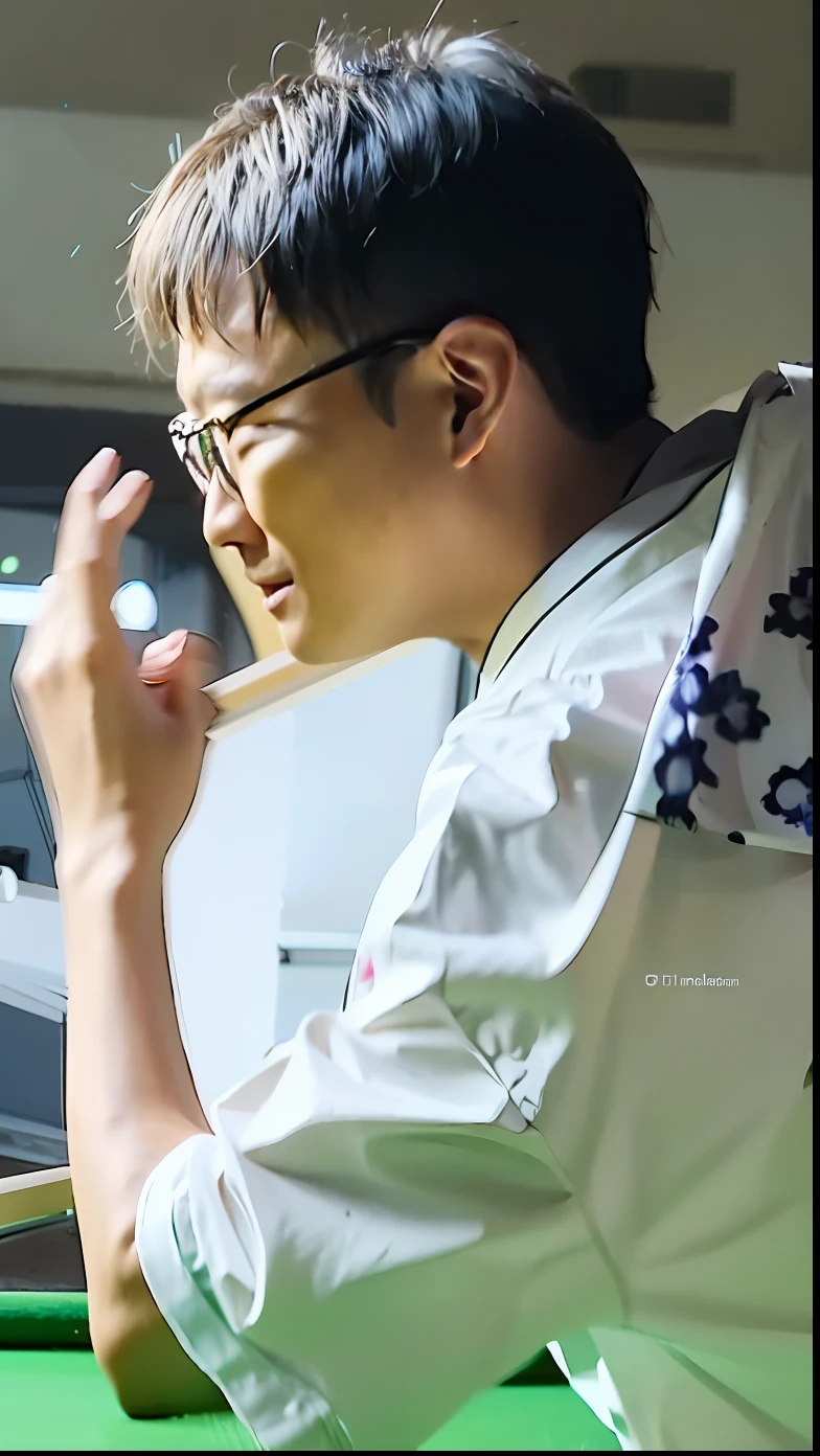 There was a man playing billiards with his mobile phone, inspired by Yu Zhiding, in the style of sifu 🔥 😎 🕹️ 👀 :2, heavy gesture style closeup, Inspired by Xiao Yuncong, Inspired by Ding Guanpeng, in an action pose, inspired by Huang Gongwang, handsome chad chin, wearing lab coat and glasses