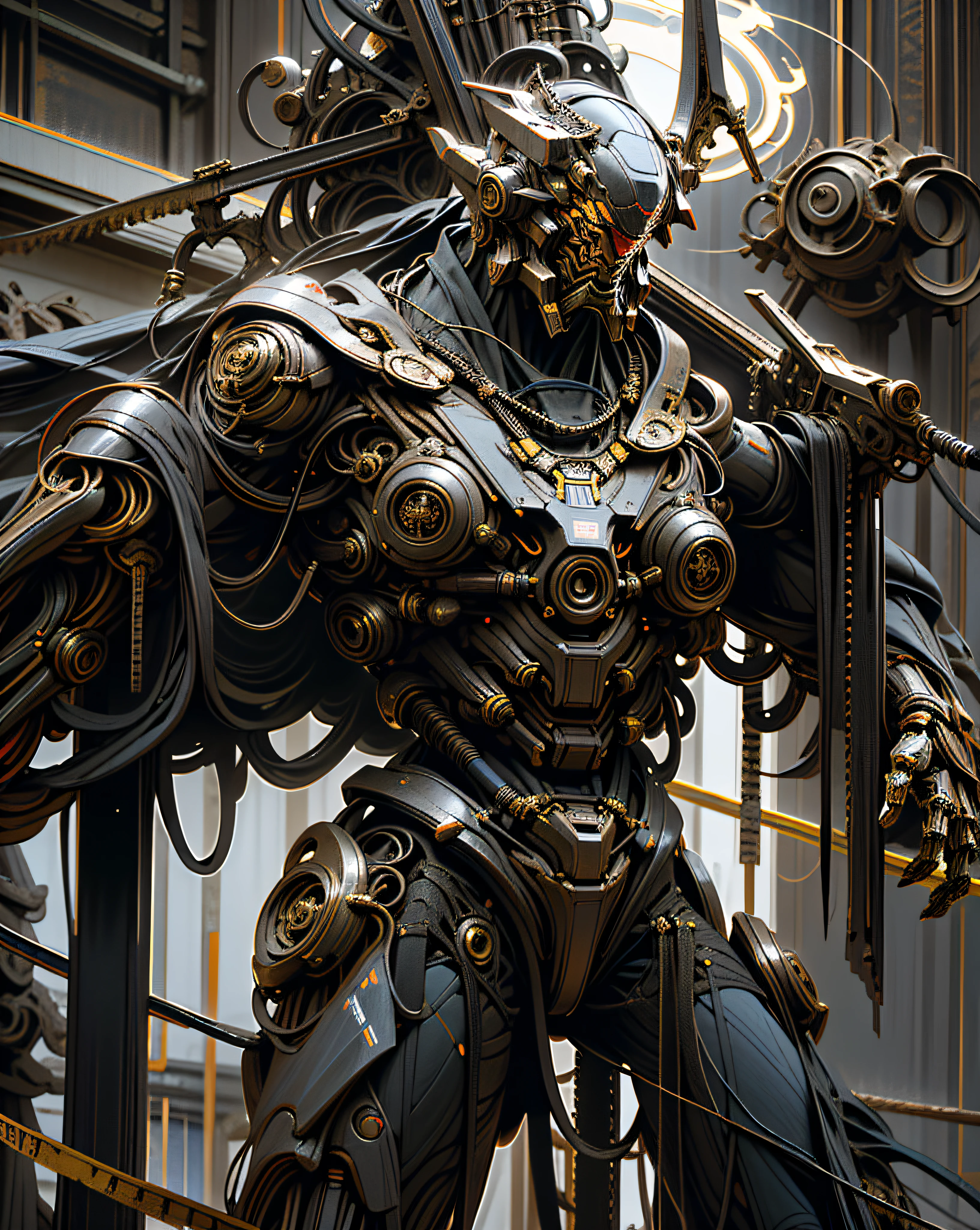 Dark_Fantasy,Cyberpunk,(chain saw,chain saw man,Red:1.1),1man,Mechanical marvel,Robotic presence,Cybernetic guardian, wearing a worn-out mech suit, intricate, (steel metal [rusty]), elegant, clear focus, shot by greg rutkowski, soft lighting, vibrant colors, masterpiece, ((street)), cowboy shot, dynamic pose,