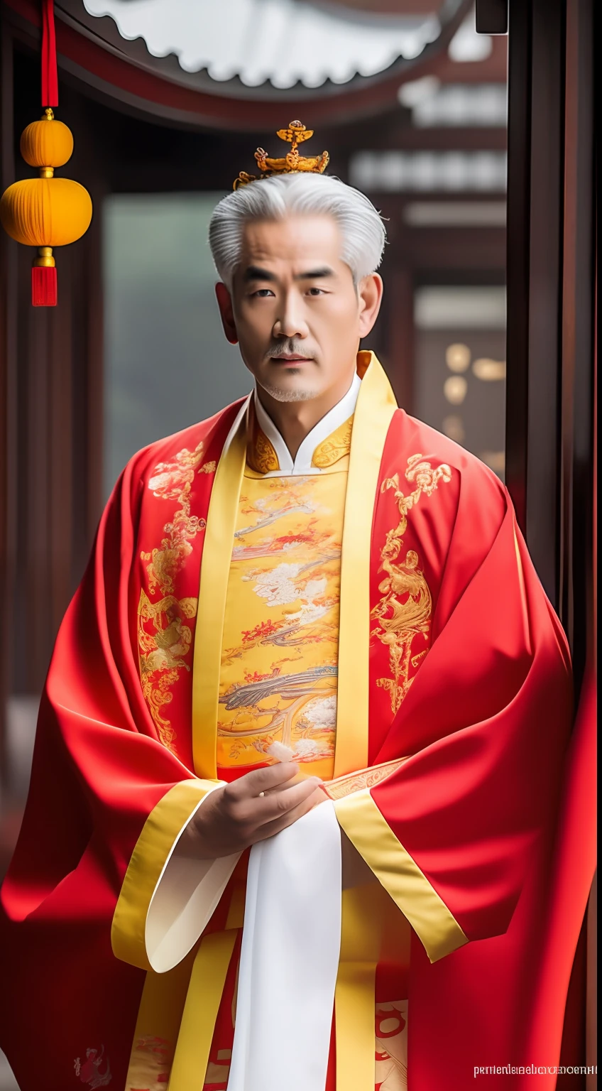 Masterpiece, Highest quality, (solofocus),, (High detail: 1.1),dojo,Red and yellow ,The male, Man, chinese crown, 1人,and white hair,超高分辨率 , Detailed background, realisticlying, wearing a detailed and intricate xianxia antique outfit