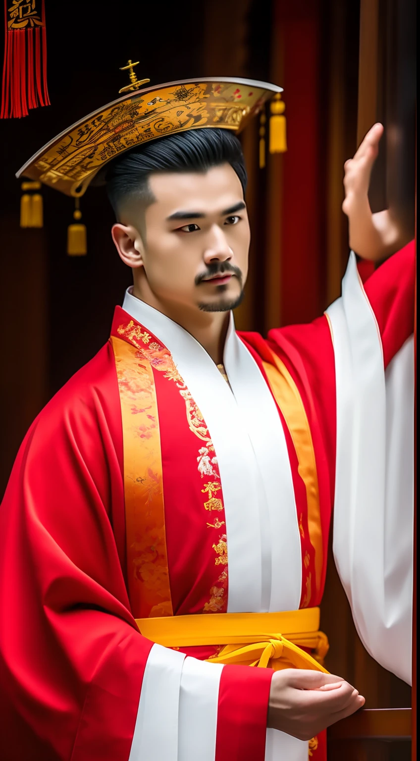 Masterpiece, Highest quality, (solofocus),, (High detail: 1.1),dojo,Red and yellow robes,The male, Man, chinese crown, 1人,and white hair,超高分辨率 , Detailed background, realisticlying, wearing a detailed and intricate xianxia antique outfit