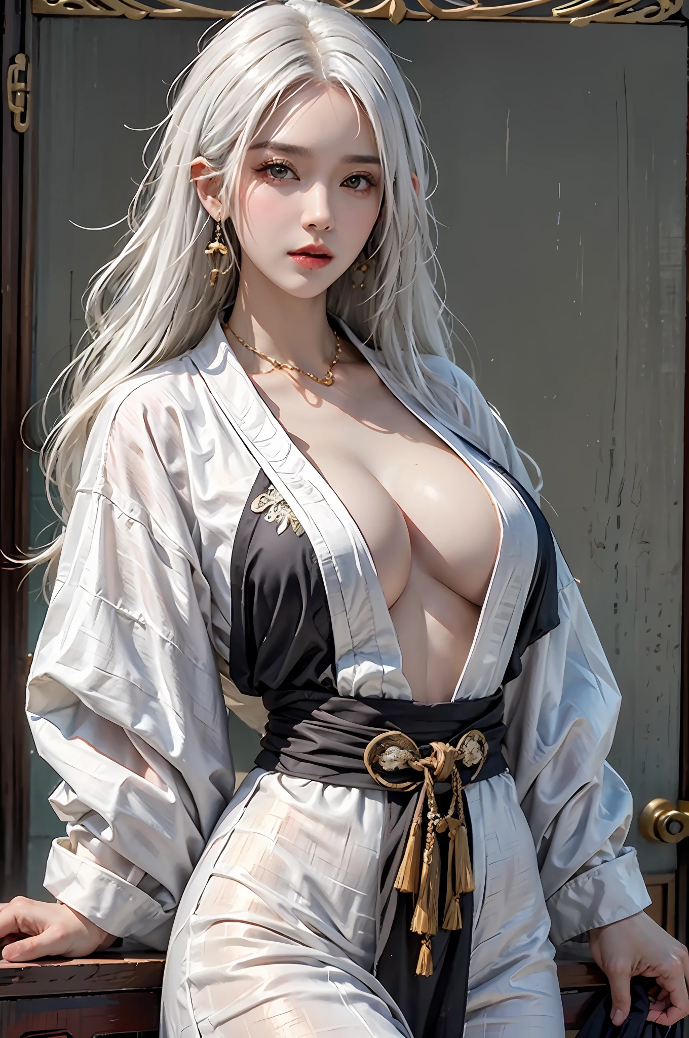 photorealistic, high resolution, 1women, solo, hips up, look at viewer, (detailed face), white hair, long hair, colorful Taoist robe, oversized clothes, jewelry