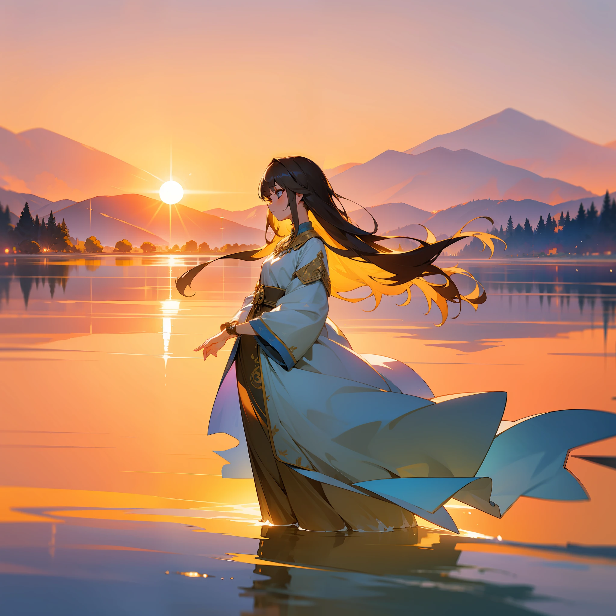 1 girl, serene expression, mesmerizing eyes, straight long hair, flowing dress, poised posture, porcelain skin, subtle blush, crystal pendant
BREAK
golden hour, (rim lighting):1.2, warm tones, sun flare, soft shadows, vibrant colors, painterly effect, dreamy atmosphere
BREAK
scenic lake, distant mountains, willow tree, calm water, reflection, sunlit clouds, peaceful ambiance, idyllic sunset, ultra detailed, official art, unity 8k wallpaper
, zentangle, mandala