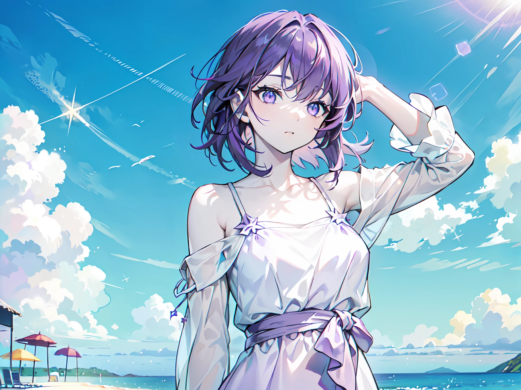 female, (solo:1.2), ((masterpiece)), ((pale skin)), ((detailed eyes)), (bokeh effect), (dynamic angle), dynamic pose, purple hair, purple eyes, ((summer dress)), ((shore)), beach, (casual), vacation, ((off shoulders)), (bare shoulders), ((collarbone))