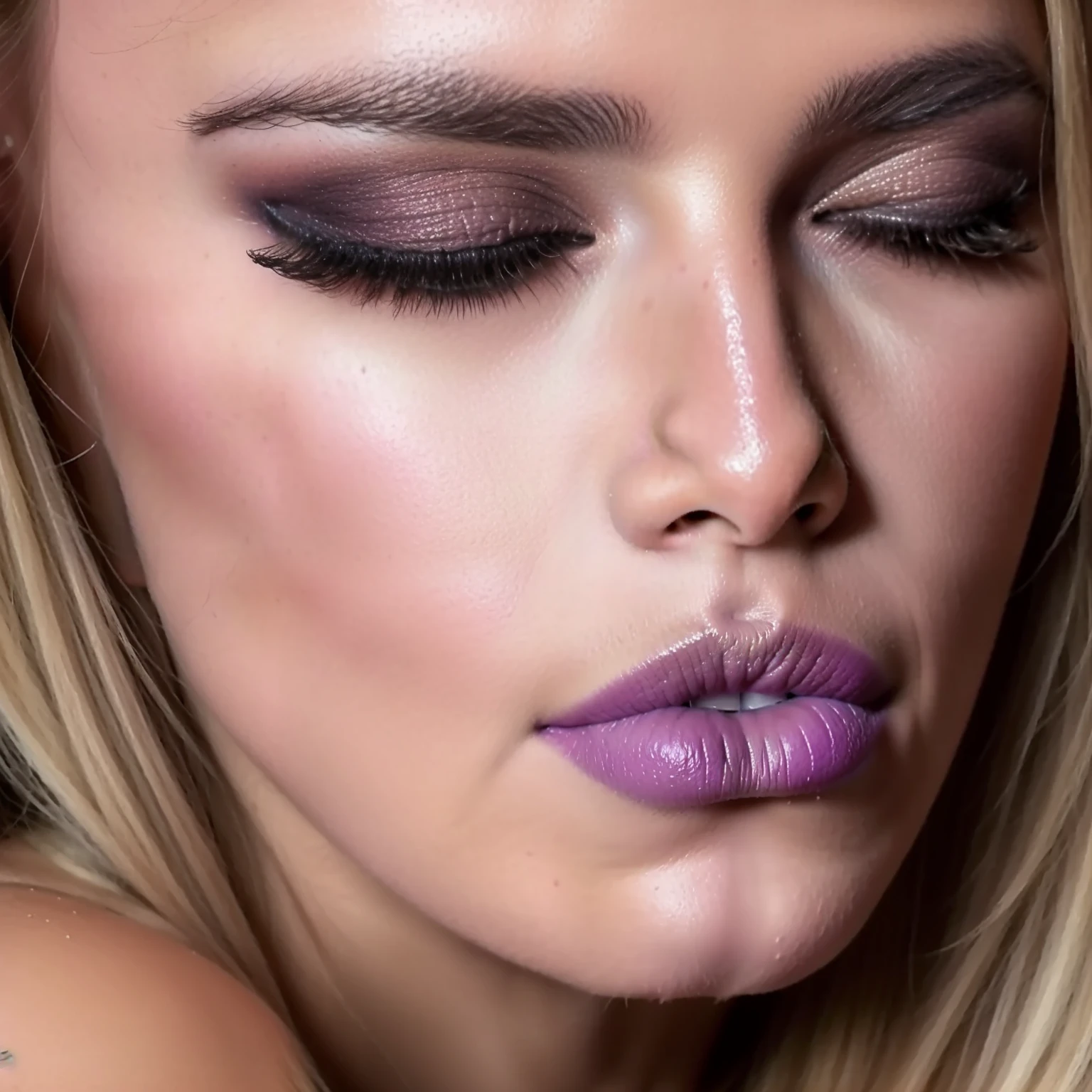 an extreme_closeup of gorgeous woman with large breasts, (extremely detailed skin), textured skin, skin pores, (moles, beauty spots, freckles), long wavy blonde hair with fringe bangs, beautiful blue eyes ((outlined iris)), dark eyeliner, pink lipstick, fashion model, catwalk, instagram, ring light, DoF bokeh, DSLR photography, 8k, 20 megapixel, , textured skin, skin pores, by Steve McCurry