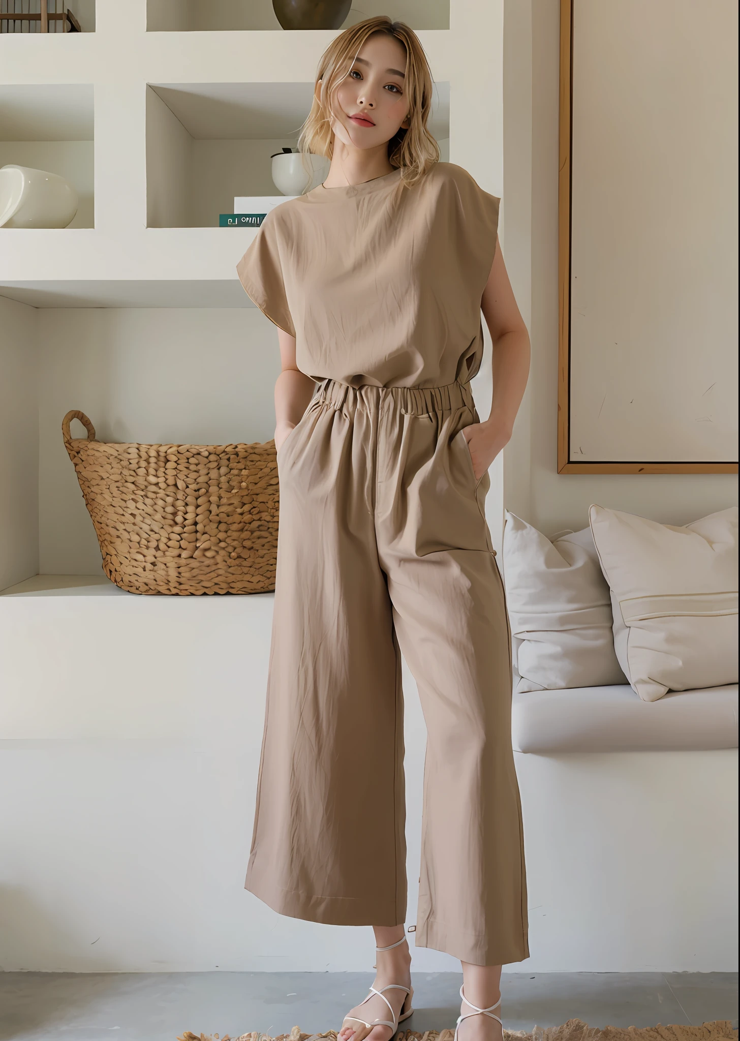 Arafed woman in a tanned jumpsuit standing in a living room, large pants, Pants, inspiration, redondo, Olivia, catsuit, baggy pants, linho, com dois bolsos frontais, Sienna, full-length view, tons neutros, toupeira, INSPO, olhar, marrom mudo, frouxamente cortado, inspirado em Esaias Boursse, brown pants, Emma