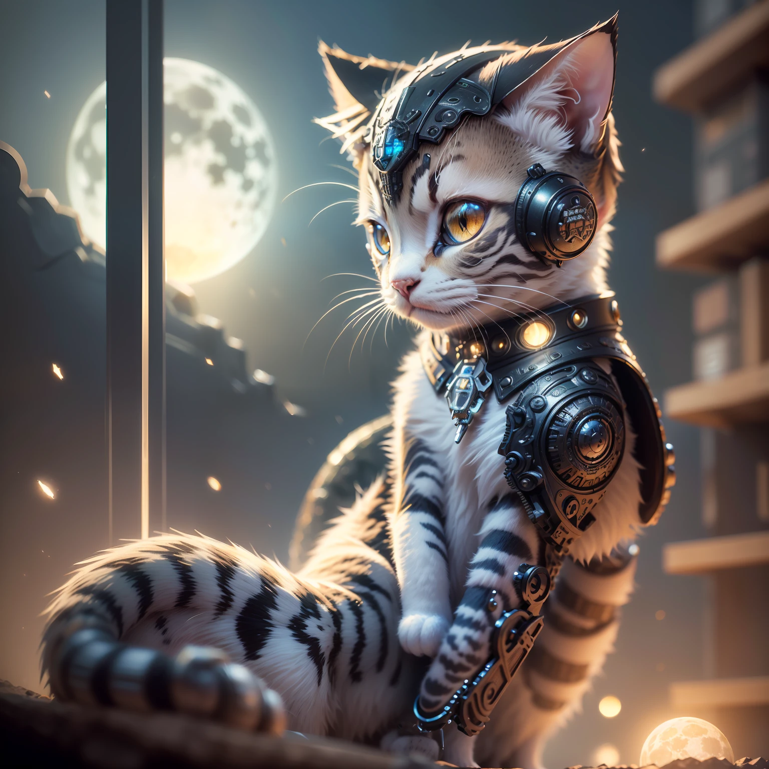((Best Quality)), ((masutepiece)), (Detailed: 1.4), 3D, a cute kitten made of metal, cyborgs, Cyberpunk style, (((Intricate details)), nffsw, ((Intricate details, hyperdetails)), cinematic shot, Vignette, on the moon、Nyan Nyan