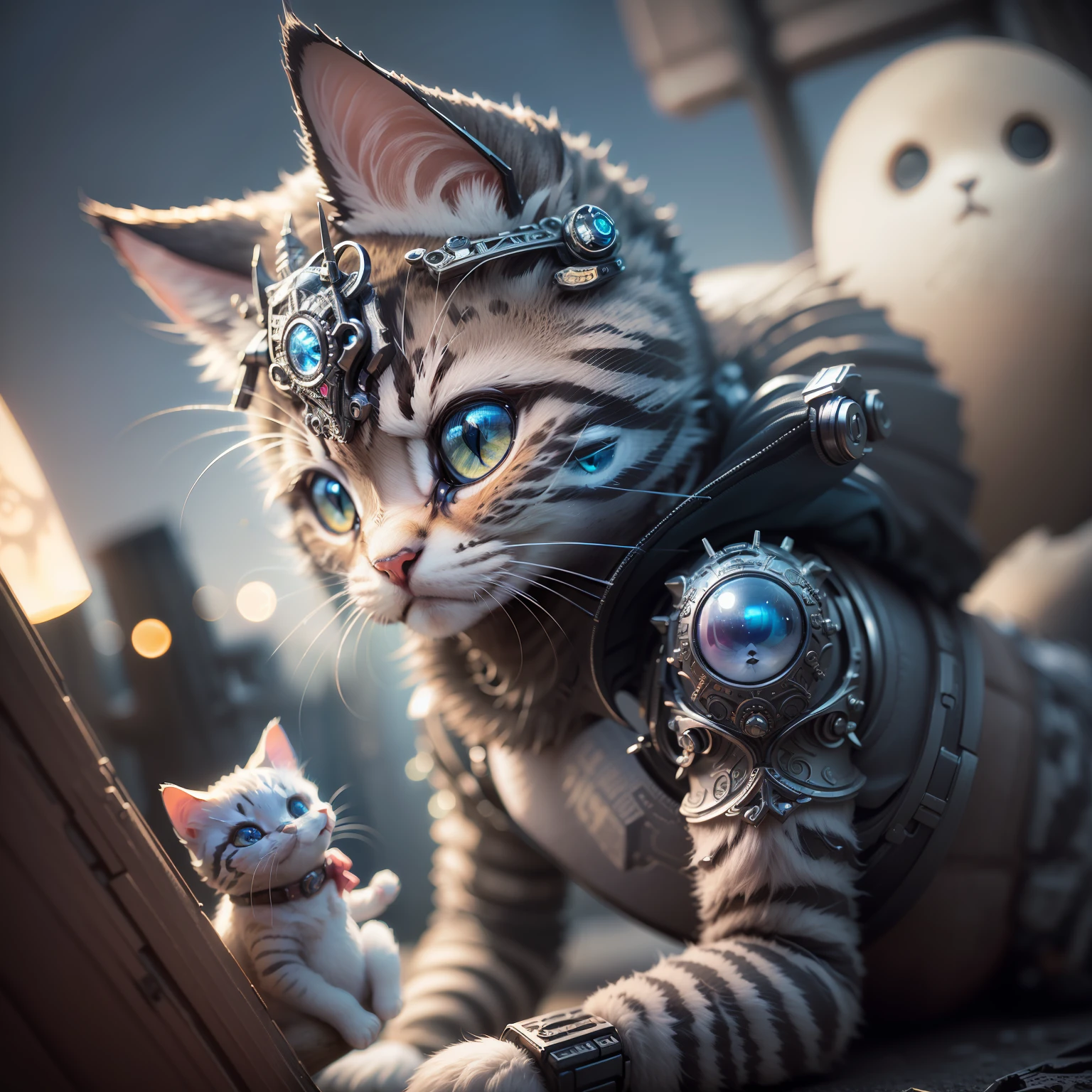 ((Best Quality)), ((masutepiece)), (Detailed: 1.4), 3D, a cute kitten made of metal, cyborgs, Cyberpunk style, (((Intricate details)), nffsw, ((Intricate details, hyperdetails)), cinematic shot, Vignette, on the moon、Nyan Nyan