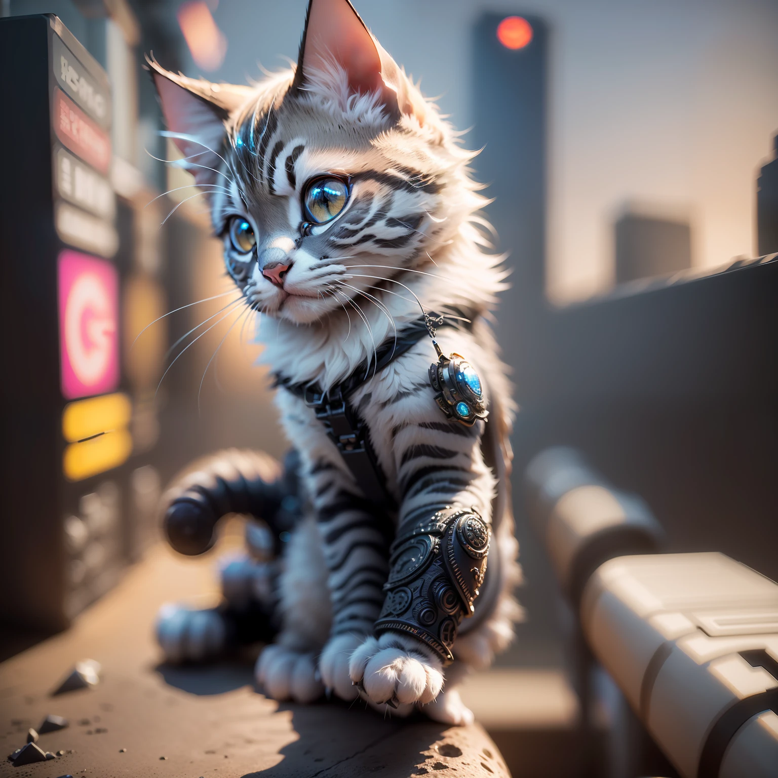 ((Best Quality)), ((masutepiece)), (Detailed: 1.4), 3D, a cute kitten made of metal, cyborgs, Cyberpunk style, (((Intricate details)), nffsw, ((Intricate details, hyperdetails)), cinematic shot, Vignette, on the moon、Nyan Nyan