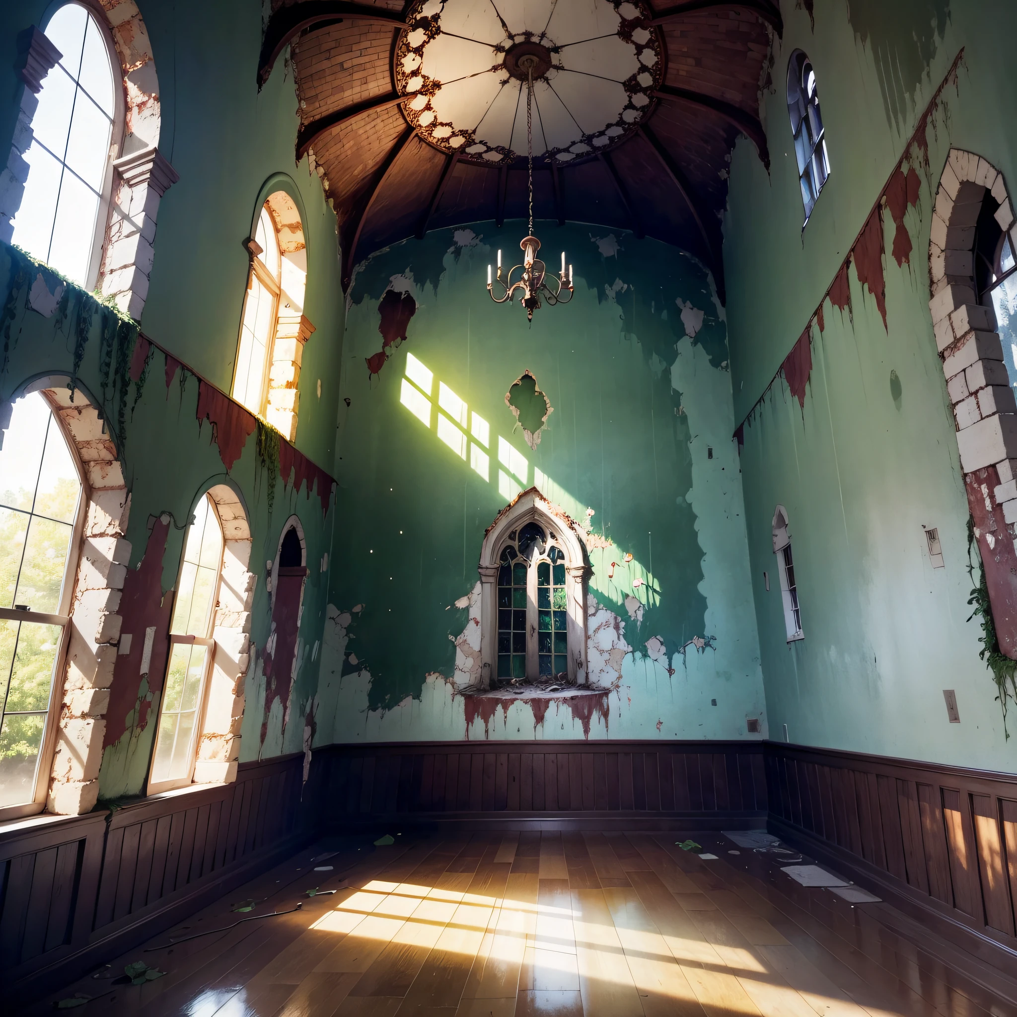 Beautiful gloomy abandoned dilapidated church, colored stained-glass windows, A large cross hangs from the ceiling, A bright thin ray of sunlight falls on the floor, White walls, Tile