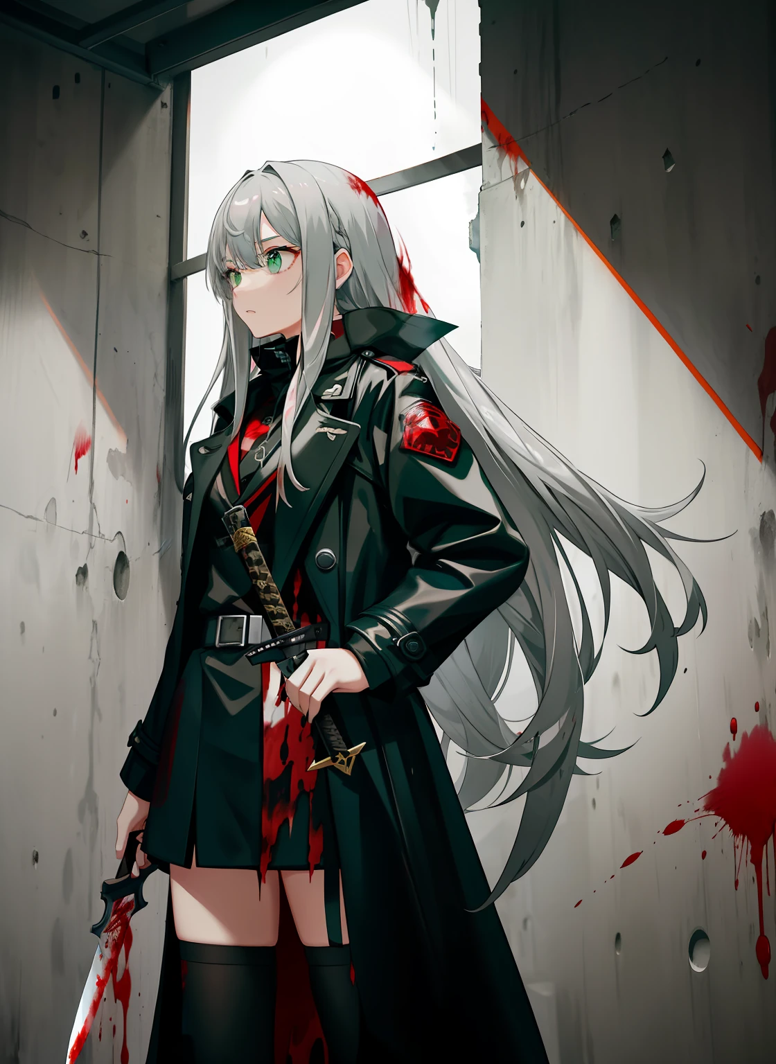 teens girl，Gray hair and long hair，The left hand holds a long knife，Stained with blood，very heavy rain，green-eyed，城市，Corpses with blood on the ground and walls，Black and red trench coat，Back against the wall，The right leg is bent，Look down at your phone，Hold the phone in your right hand，the night