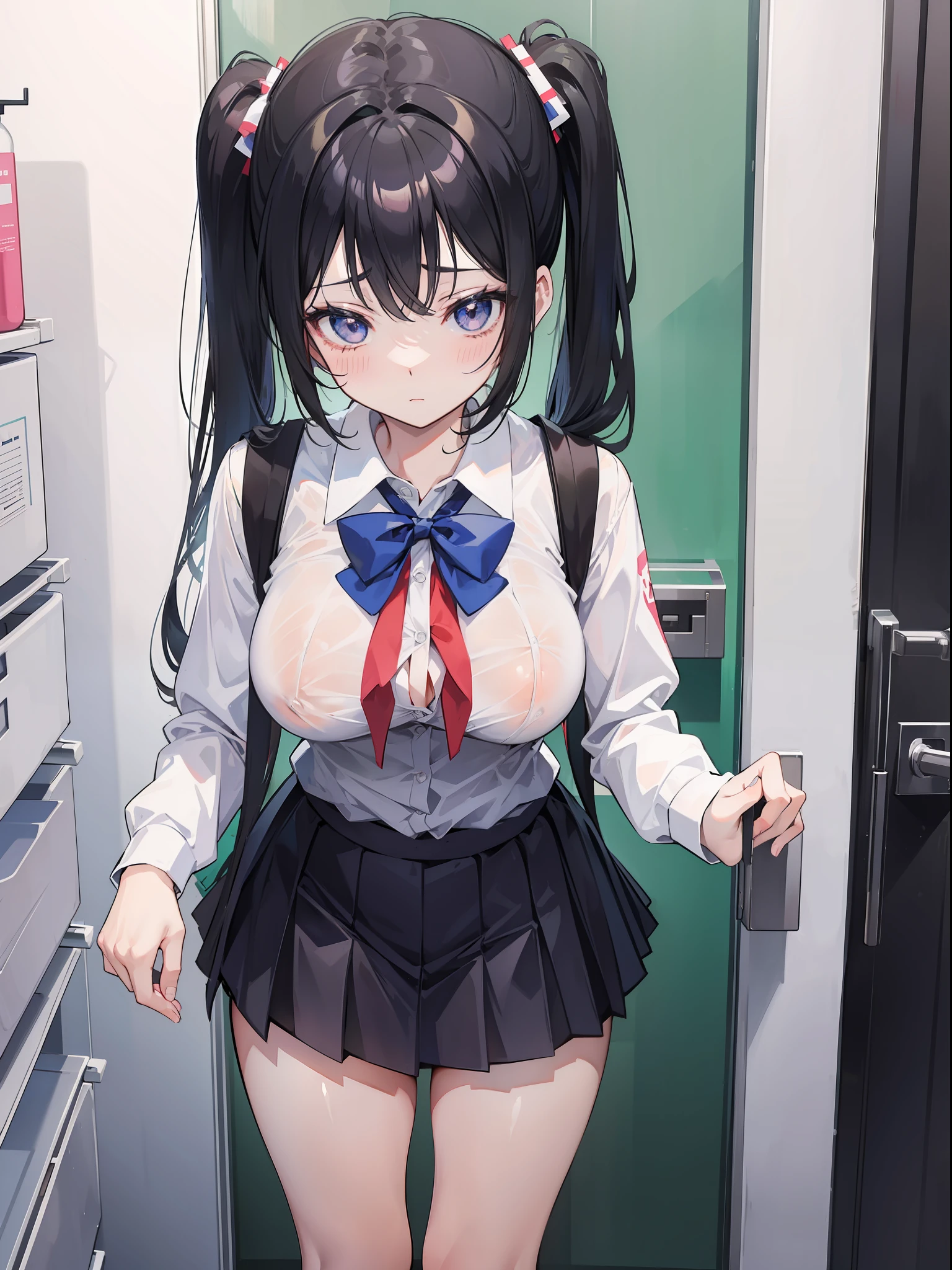 Anime girl, wearing school uniform, black hair, pigtails hair, showing boobs and full of cum, got raped in a bathroom, cum all over her pussy