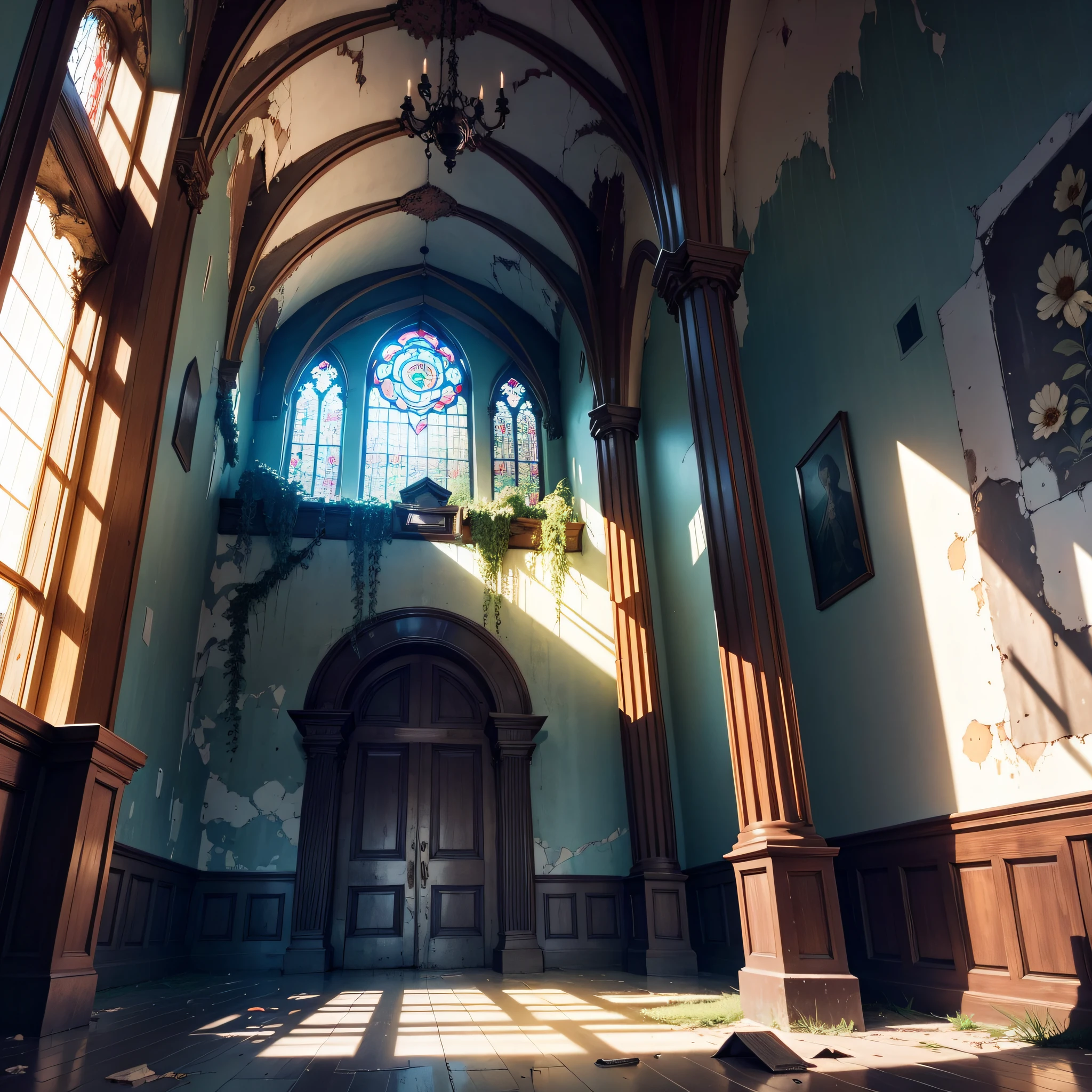 Beautiful gloomy abandoned church, colored stained-glass windows, A large cross hangs from the ceiling, The vibrant, A thin beam of sunlight falls on the floor, Red Walls, Tile