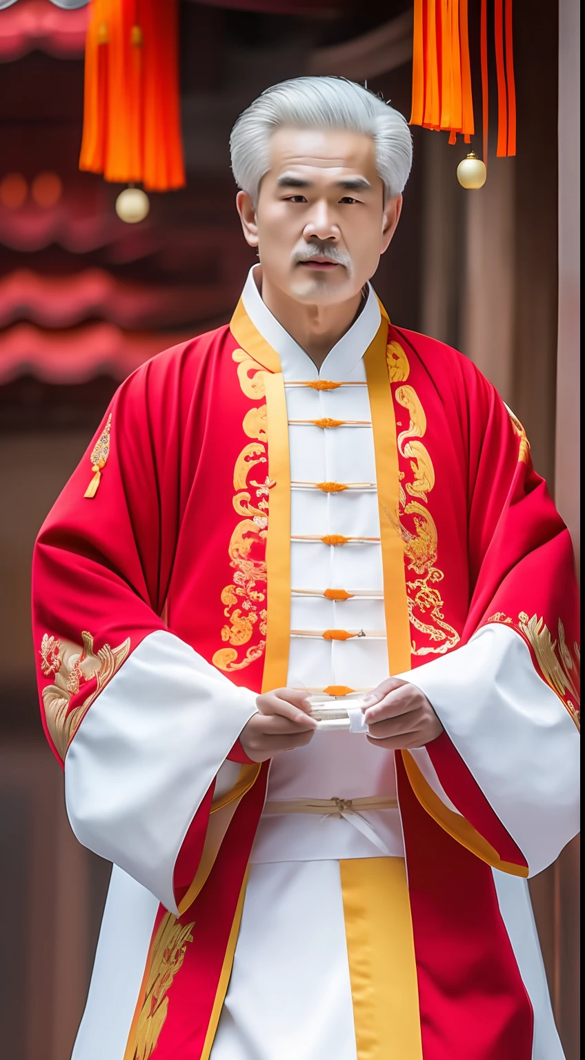 Masterpiece, Highest quality, (solofocus),, (High detail: 1.1),dojo，Red and yellow robes，The male， Man, chinese crown, 1人,and white hair,超高分辨率 , Detailed background, realisticlying, wearing a detailed and intricate xianxia antique outfit