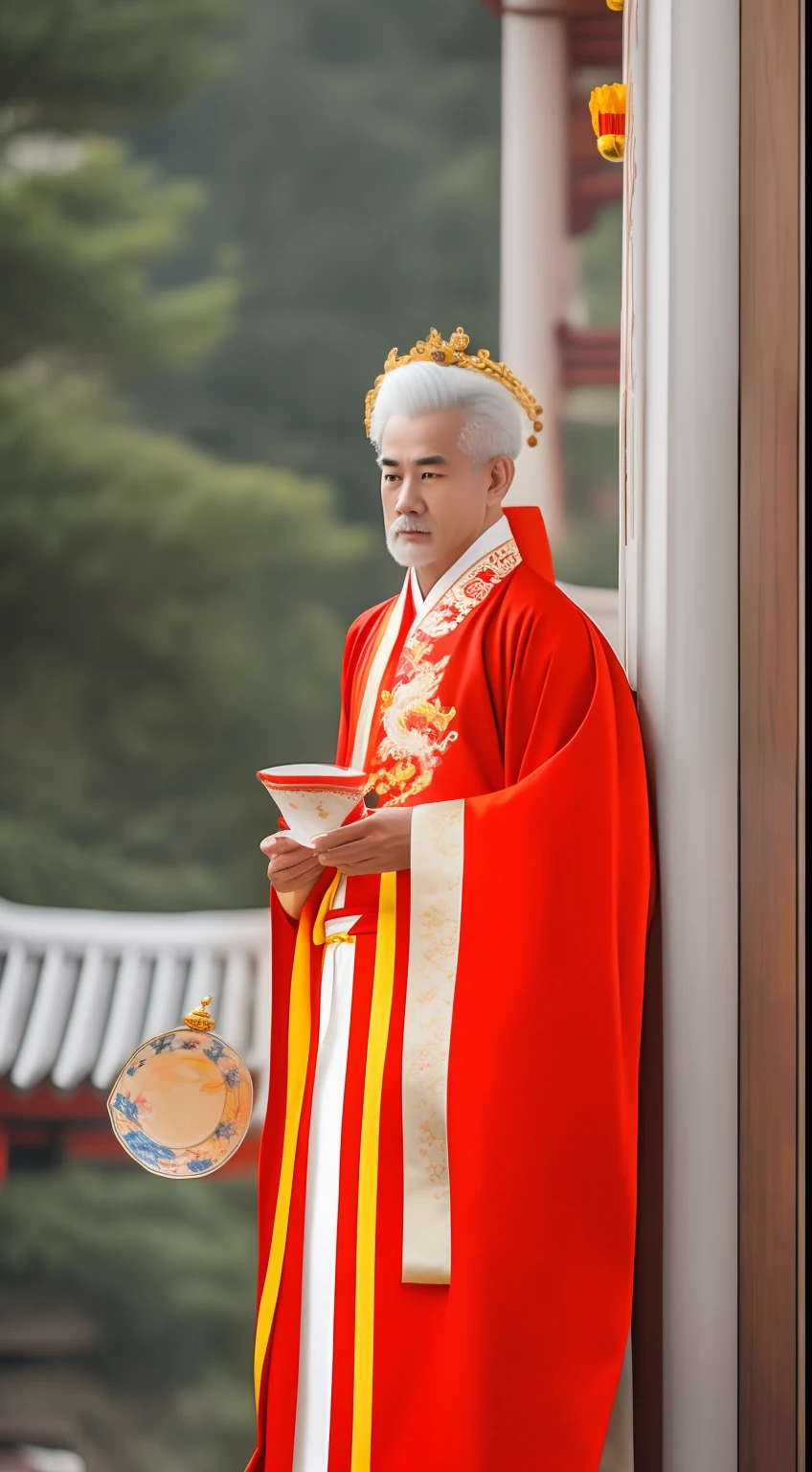 Masterpiece, Highest quality, (solofocus),, (High detail: 1.1),dojo,Red and yellow robes,The male, Man, chinese crown, 1人,and white hair,超高分辨率 , Detailed background, realisticlying, wearing a detailed and intricate xianxia antique outfit