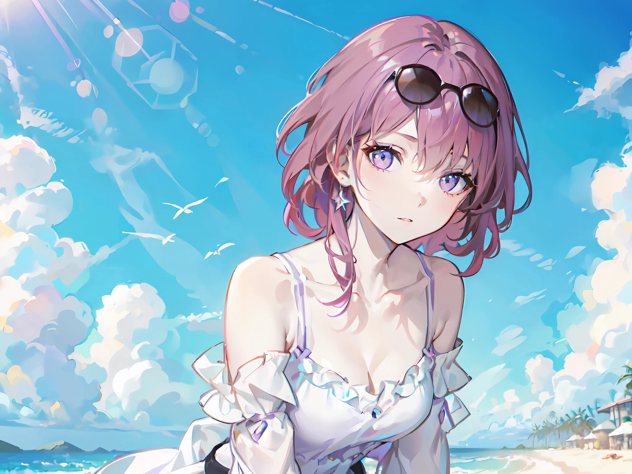 female, (solo:1.2), ((masterpiece)), ((pale skin)), ((detailed eyes)), (bokeh effect), (dynamic angle), dynamic pose, purple hair, purple eyes, ((summer dress)), ((shore)), beach, (casual), vacation, ((off shoulders)), (bare shoulders), ((collarbone))