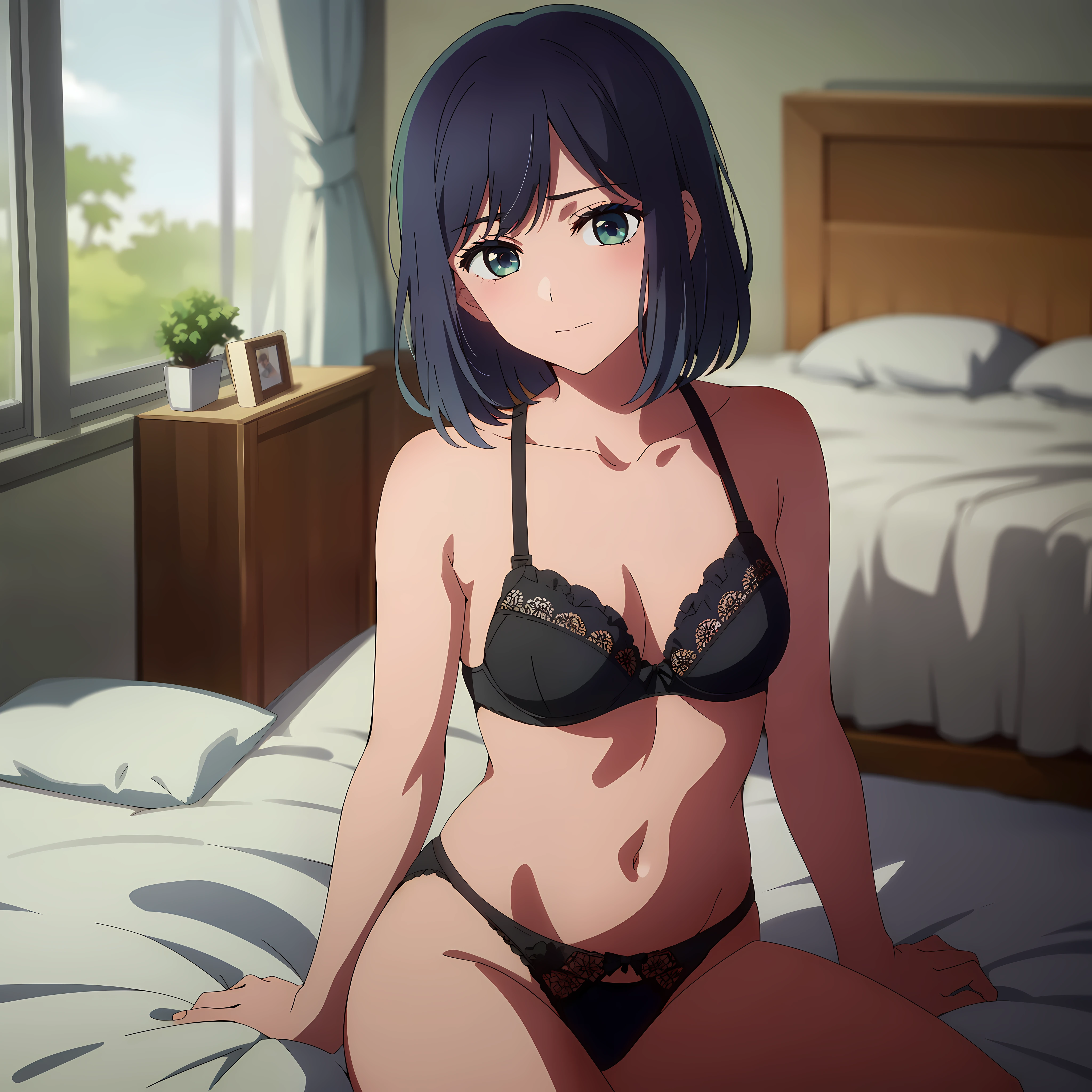 masterpiece, high quality, 8k, beautiful lighting, 1girl, solo, akane, portrait, bush, looking at viewer, black panties, black bra, bed room, medium breasts, short hair
